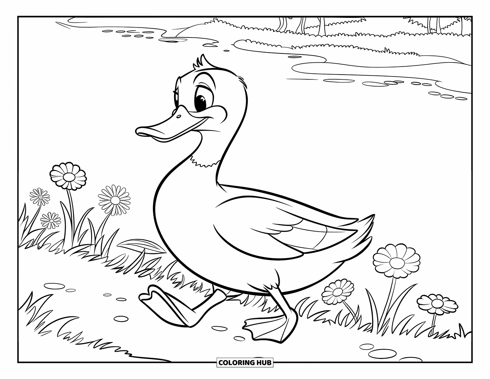 Mallard Duck Coloring Page for Kids: Mallard duck walking beside flowers with water and trees nearby