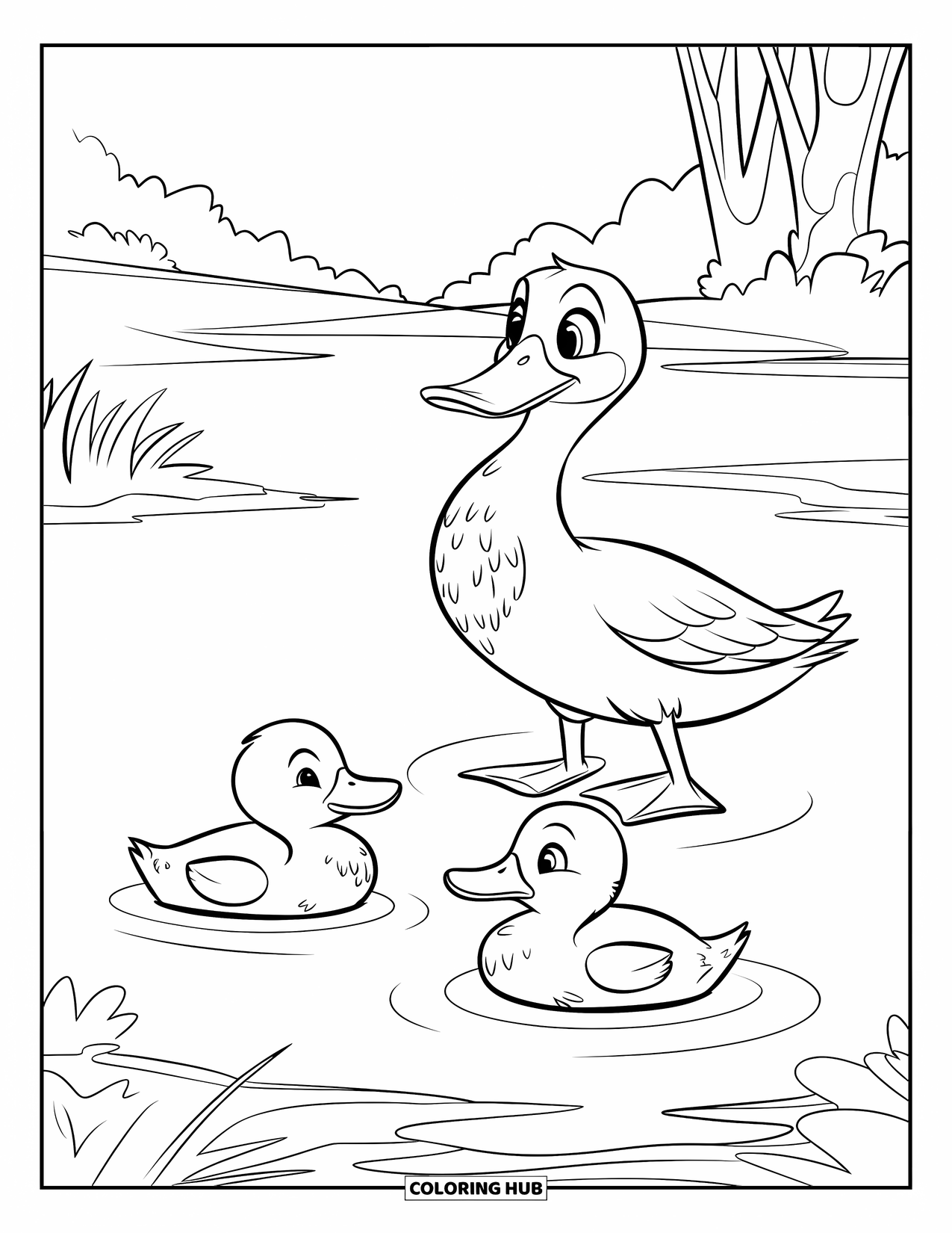 Mallard Duck Coloring Page for Kids: Mallard duck with ducklings in a pond surrounded by greenery