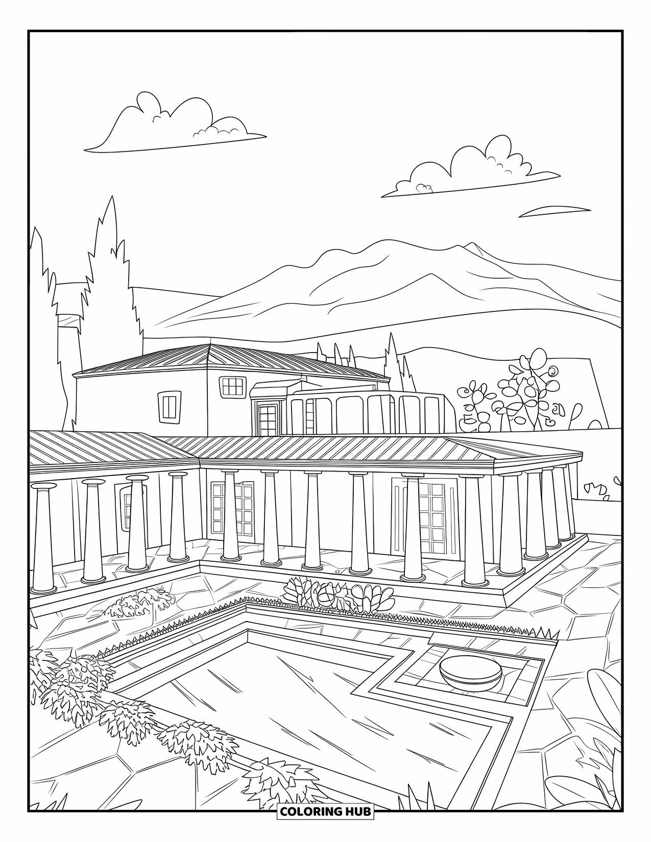 Mansion Coloring Page for Adults: Ancient Roman villa with courtyards and an atrium pool