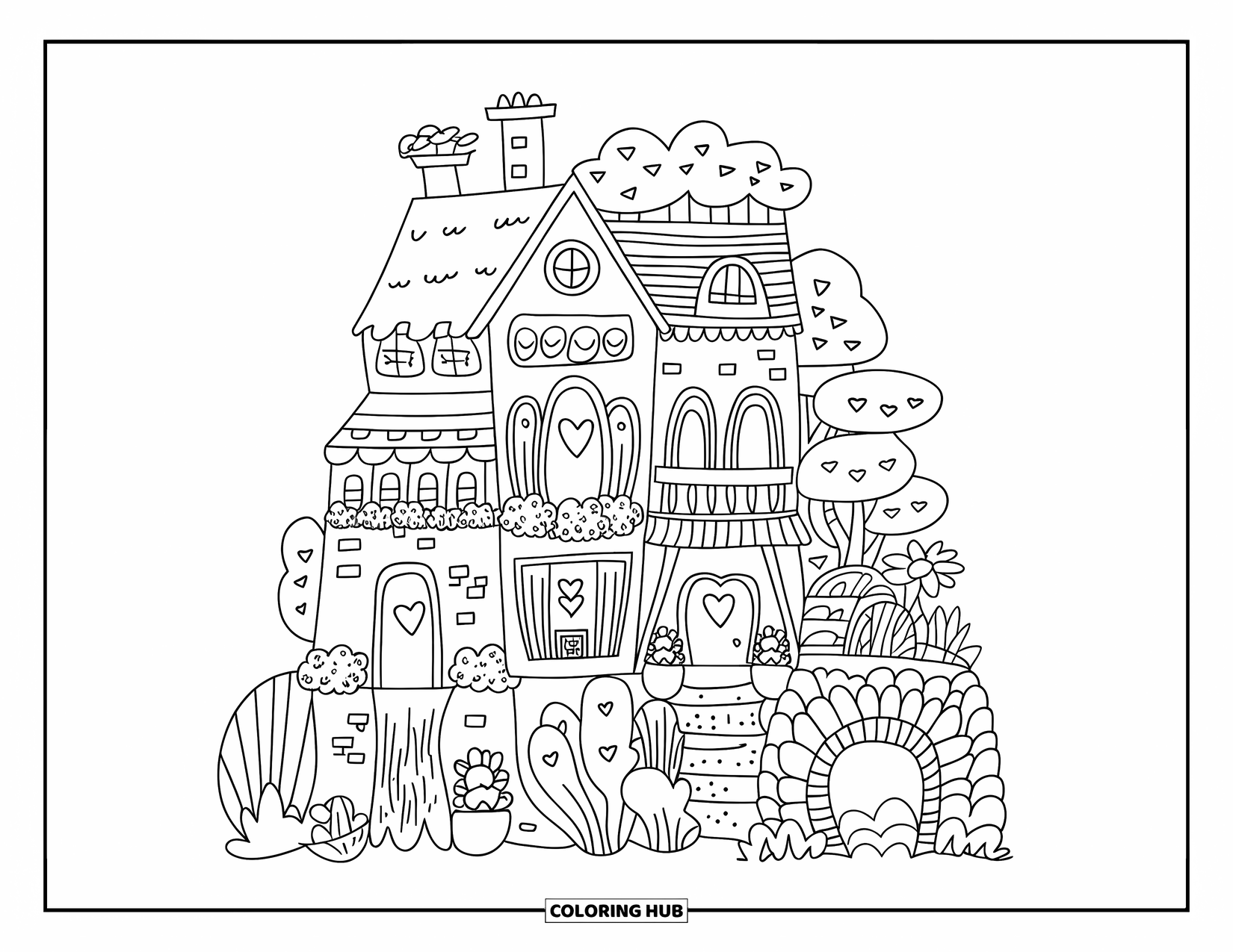 Mansion Coloring Page for Adults: Charming village-style kawaii mansion with cozy wings and waterfall