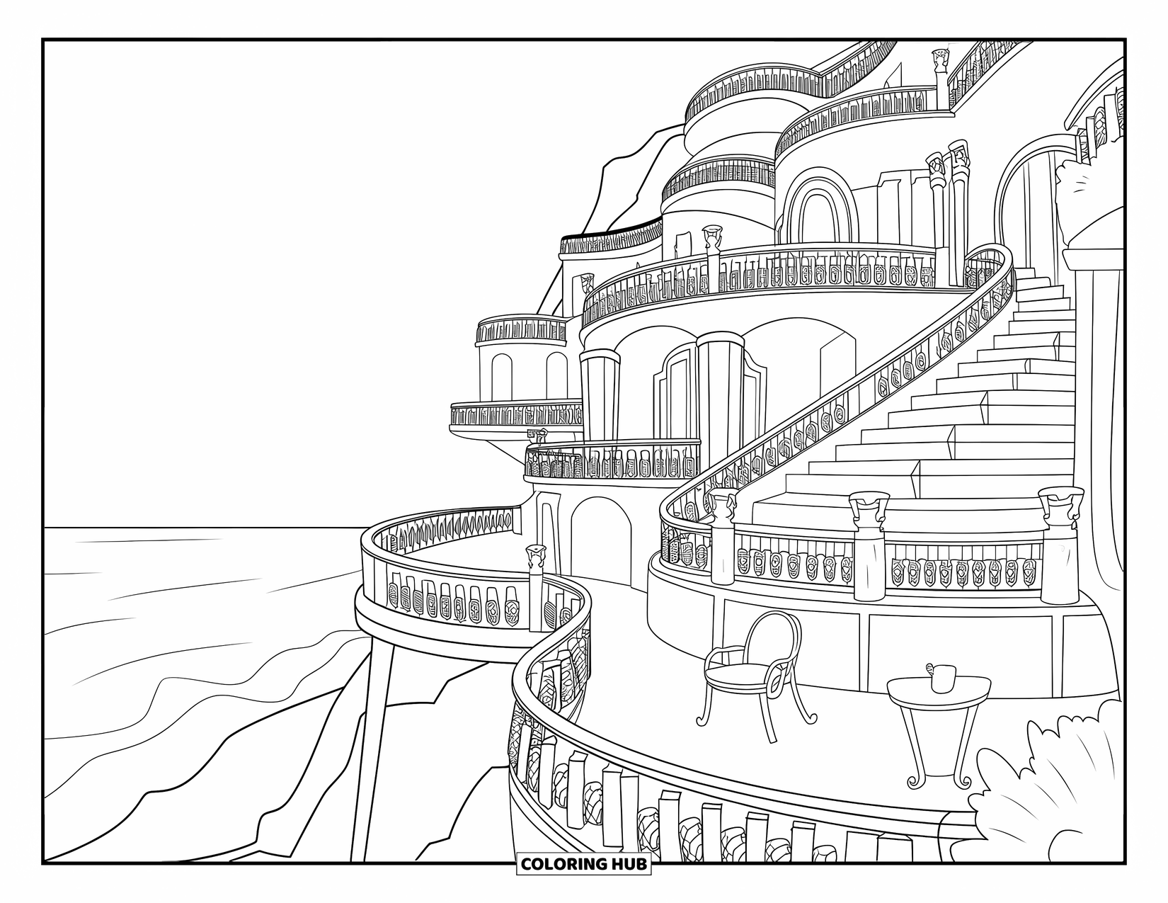 Mansion Coloring Page for Adults: Cliffside mansion with ornate terraces and sea view