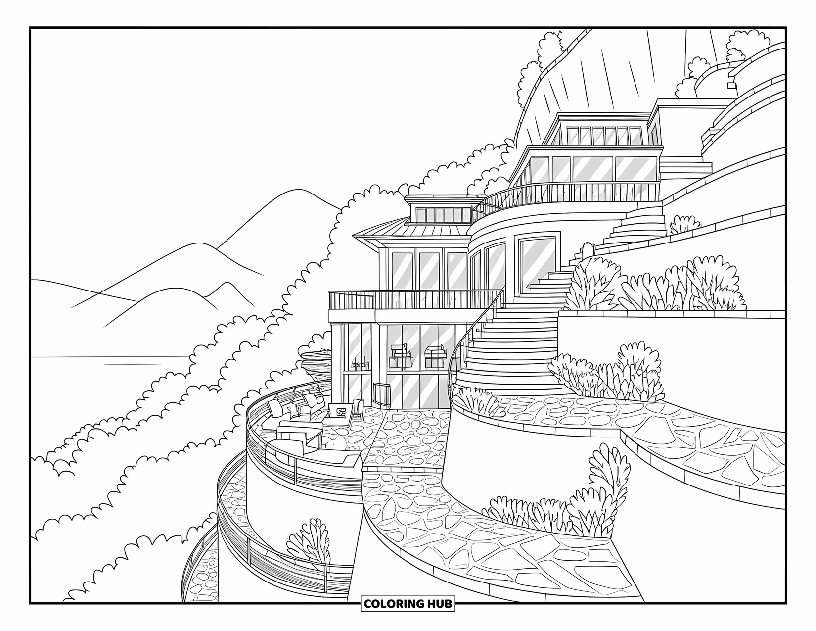 Mansion Coloring Page for Adults: Cliffside mansion with terraces and winding stone pathways