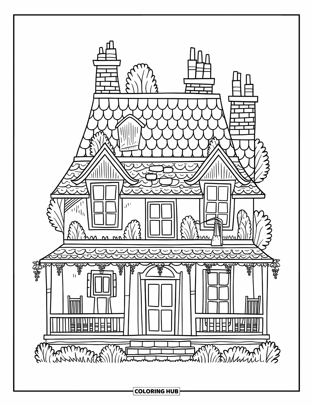 Mansion Coloring Page for Adults: Cozy forest-edge mansion with patchwork rooftops and wraparound porch