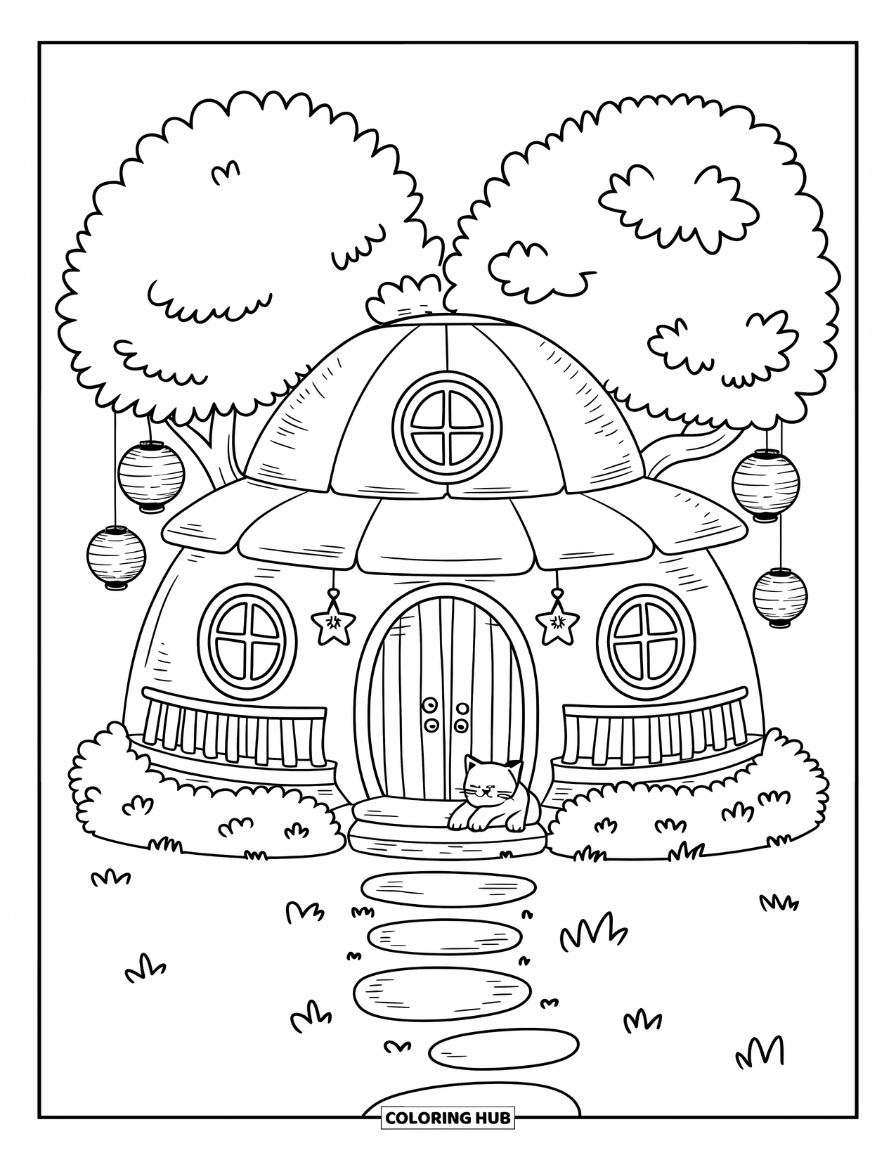 Mansion Coloring Page for Adults: Cozy mansion with round roof, fluffy treetops, stone path, and kitten on doorstep