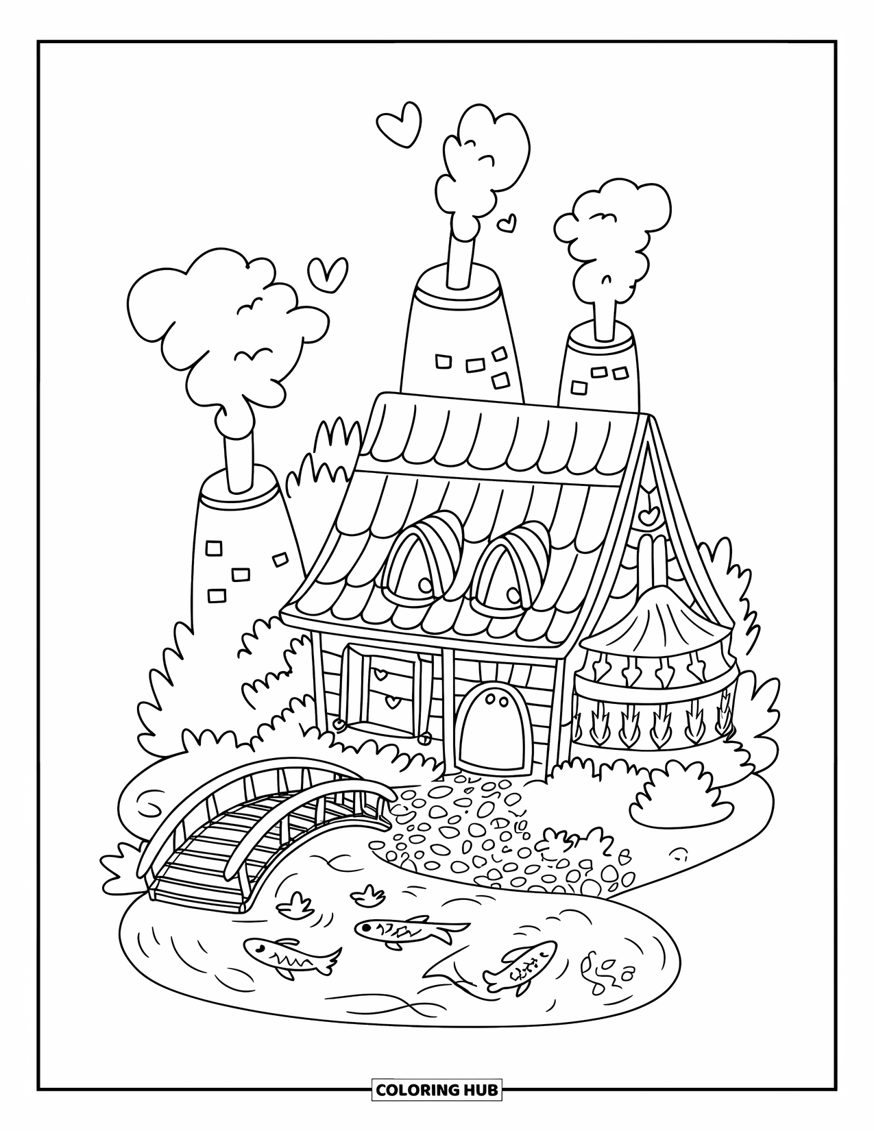 Mansion Coloring Page for Adults: Cute hilltop mansion with chimneys, koi pond, and bridge
