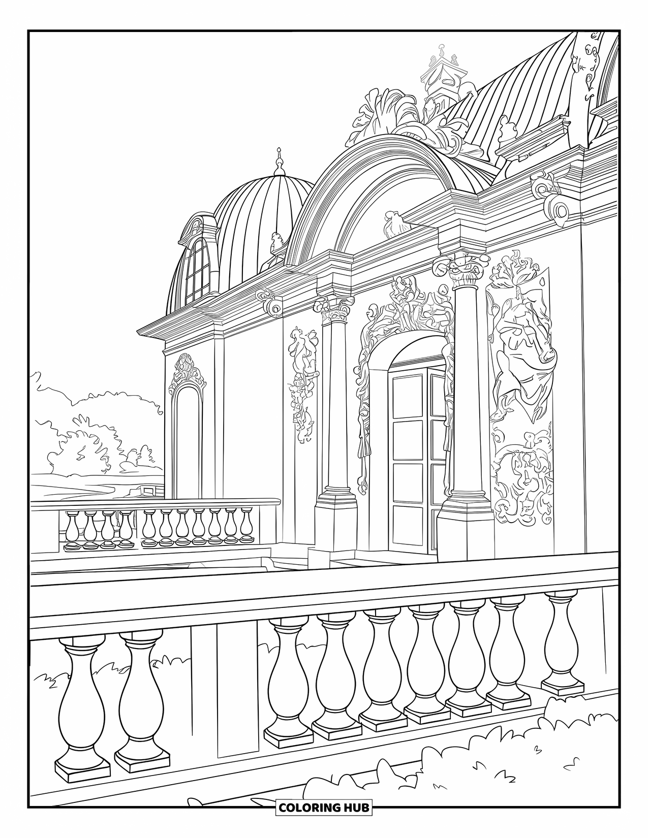 Mansion Coloring Page for Adults: Elegant Baroque mansion with ornate doors and water view