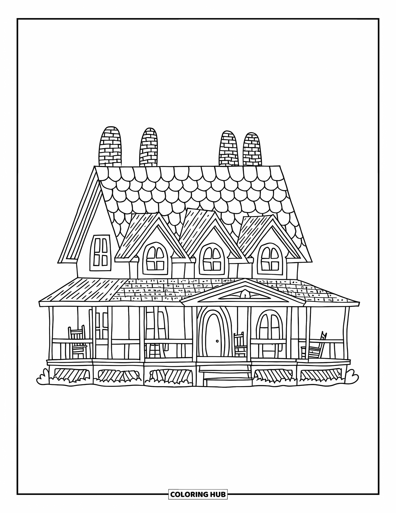 Mansion Coloring Page for Adults: Forest-edge kawaii mansion with porch and rounded chimneys