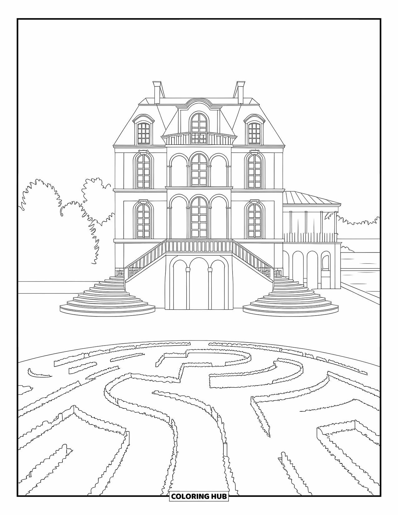 Mansion Coloring Page for Adults: French château mansion with staircases and shrubbery maze