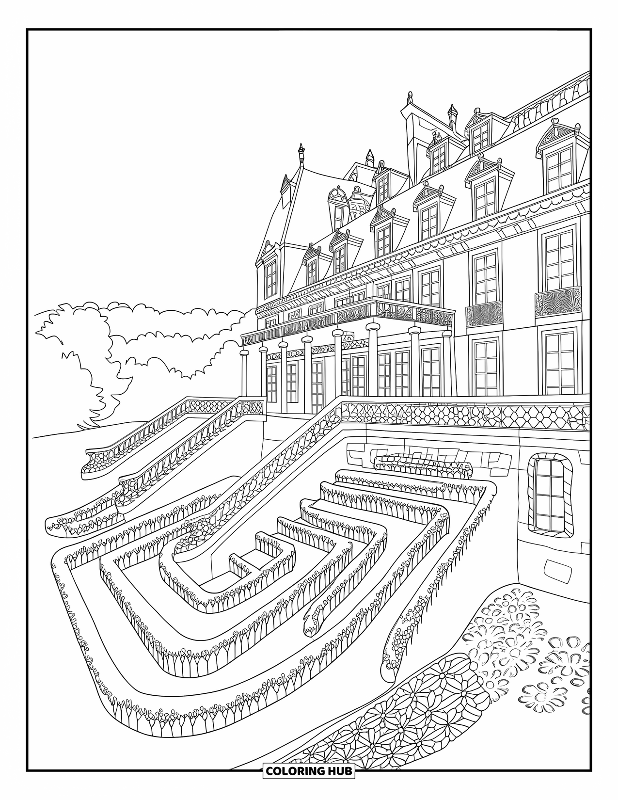Mansion Coloring Page for Adults: Grand château mansion with staircases and landscaped shrub maze