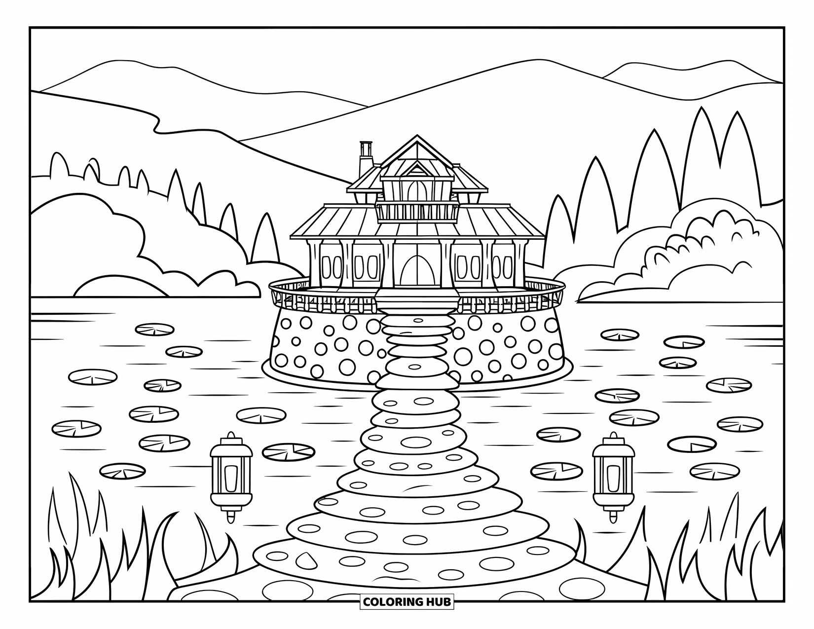 Mansion Coloring Page for Adults: Hand-drawn lakeside kawaii mansion with lanterns and winding staircase