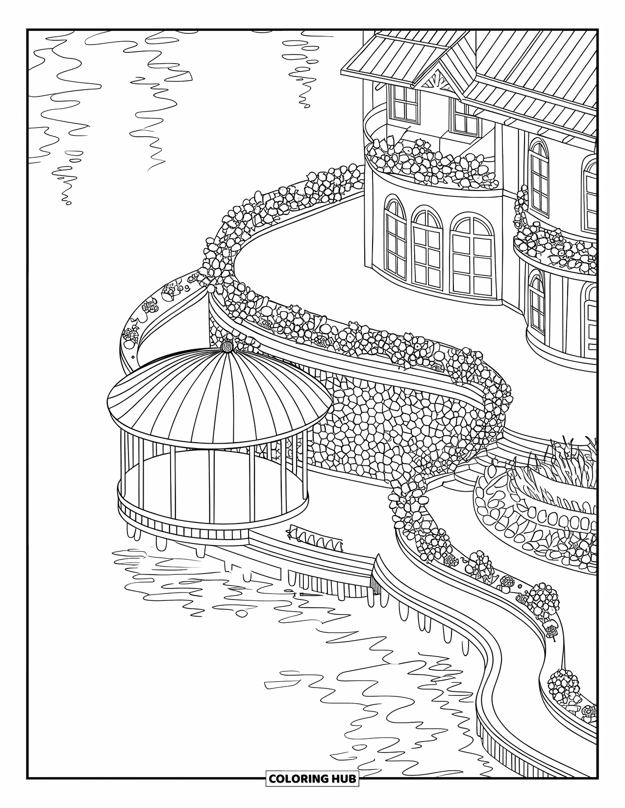 Mansion Coloring Page for Adults: Large riverside mansion with ornate terrace by calm waters