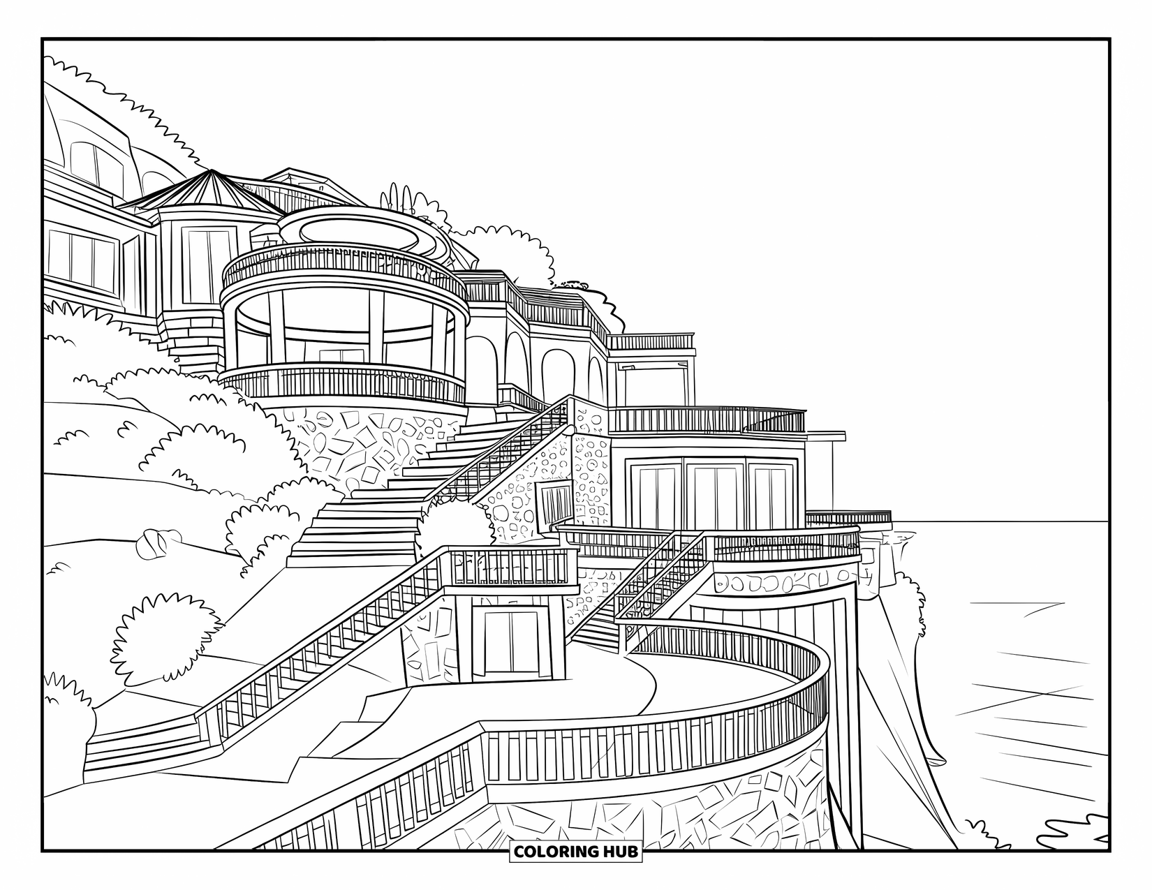 Mansion Coloring Page for Adults: Luxury cliffside mansion overlooking the ocean
