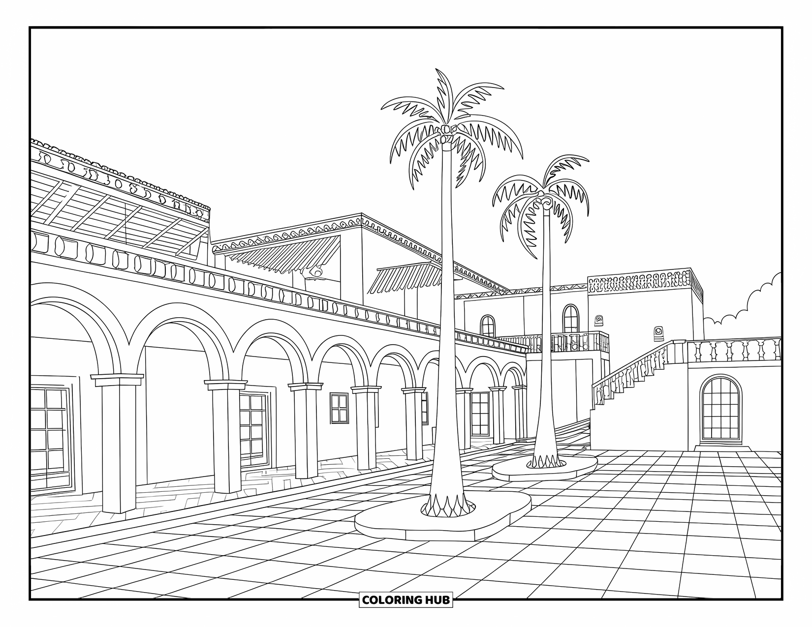 Mansion Coloring Page for Adults: Mediterranean mansion with archways and palm trees