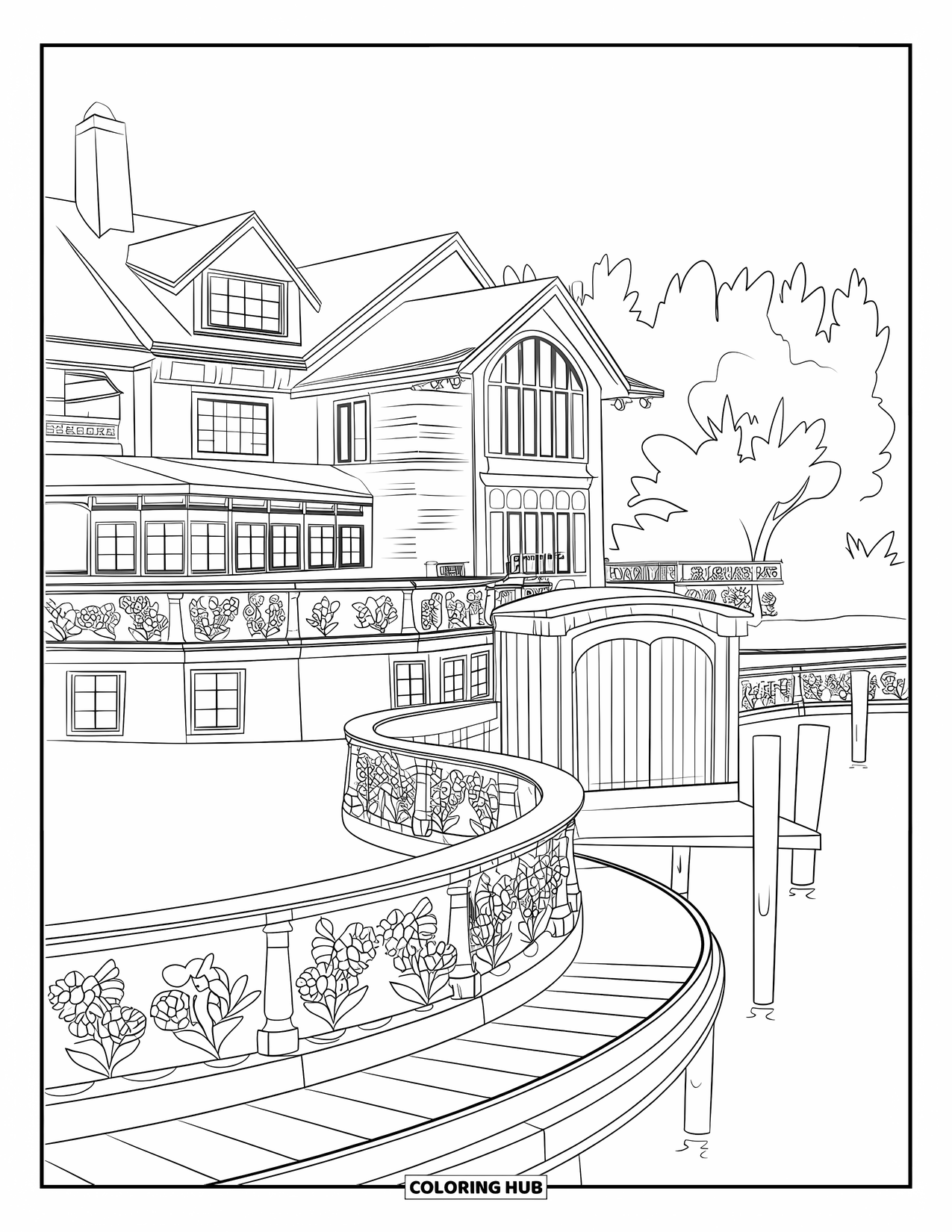 Mansion Coloring Page for Adults: Riverside mansion with floral terrace and serene river view