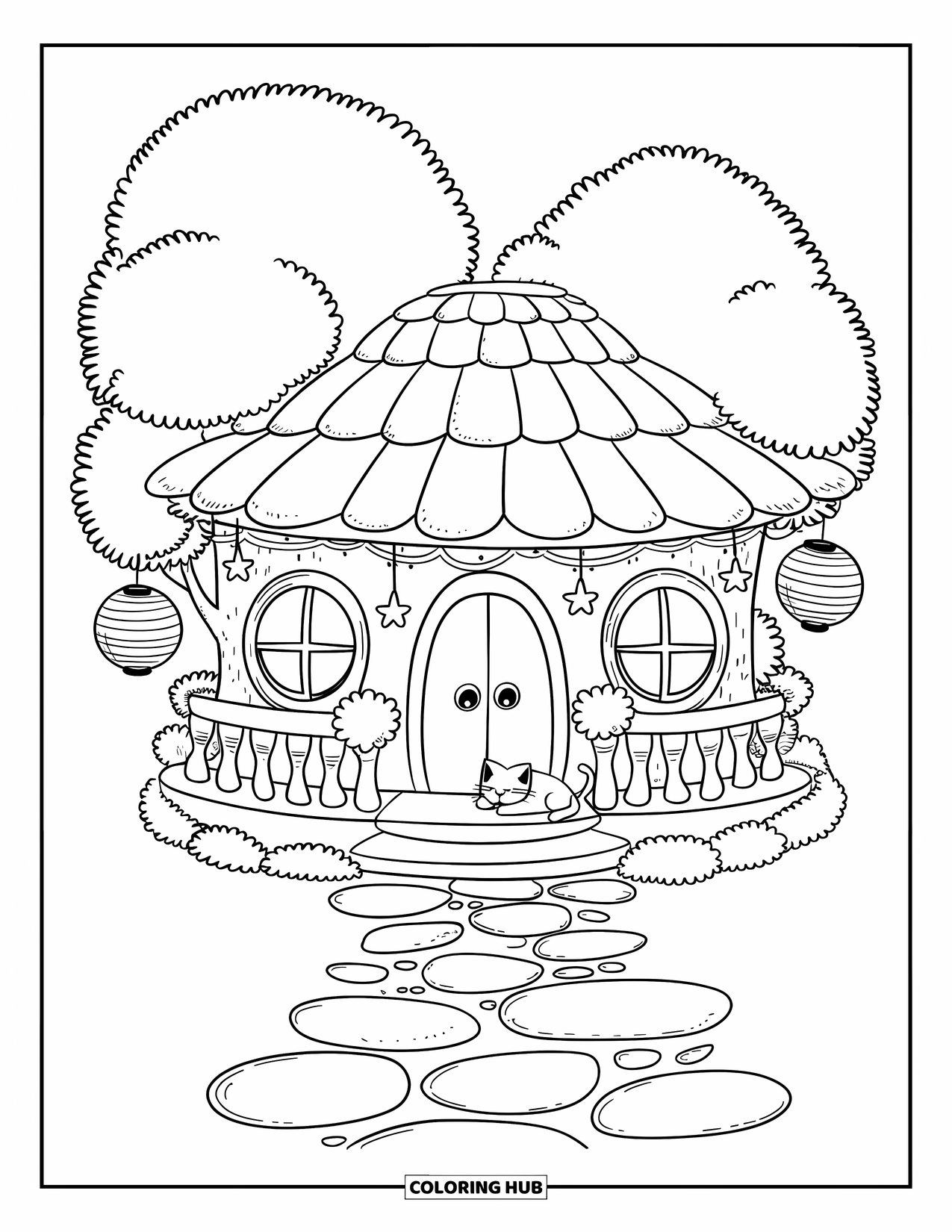 Mansion Coloring Page for Adults: Round-roofed mansion with star charms, paper lanterns, and sleeping kitten