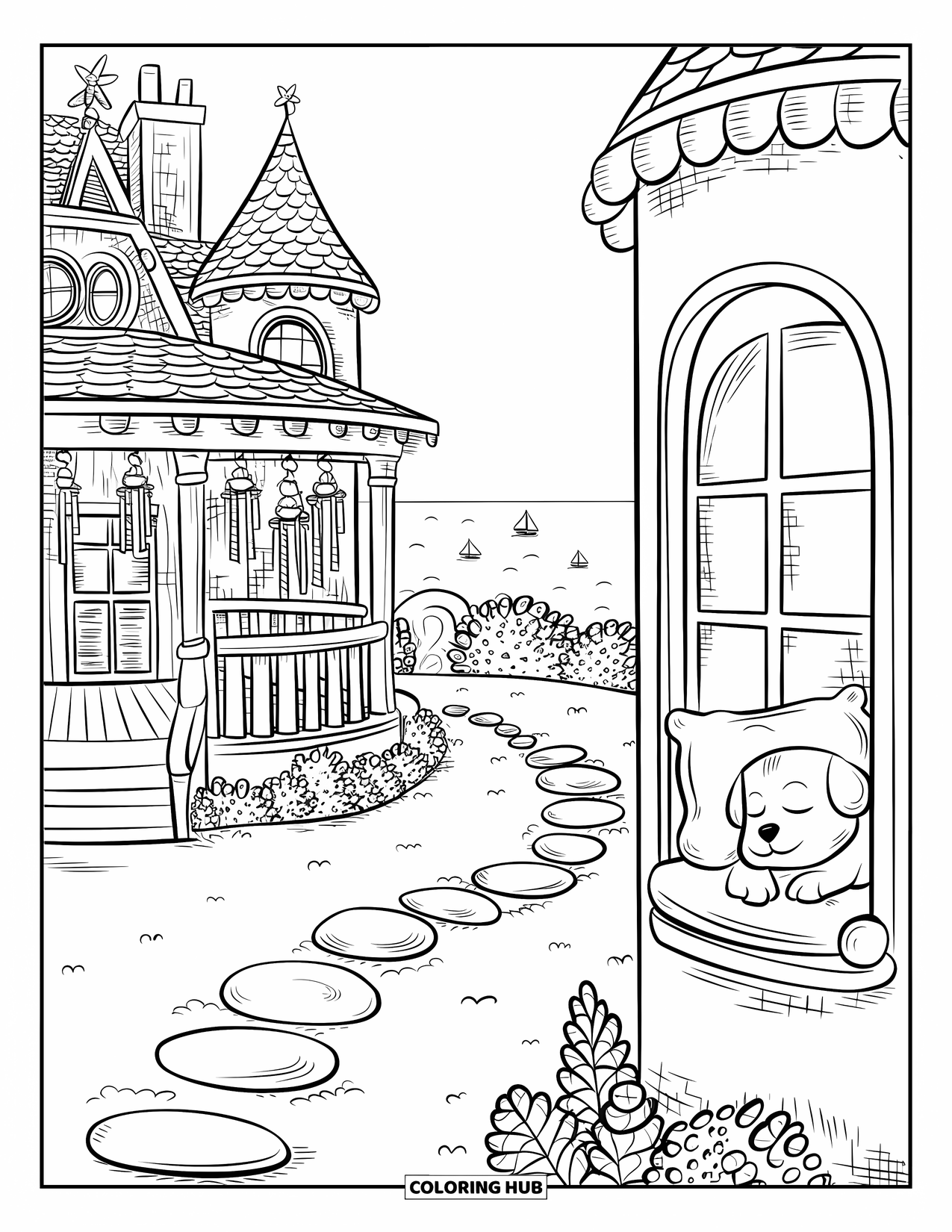 Mansion Coloring Page for Adults: Seaside mansion with turrets, sleeping puppy, and tiny sailboats