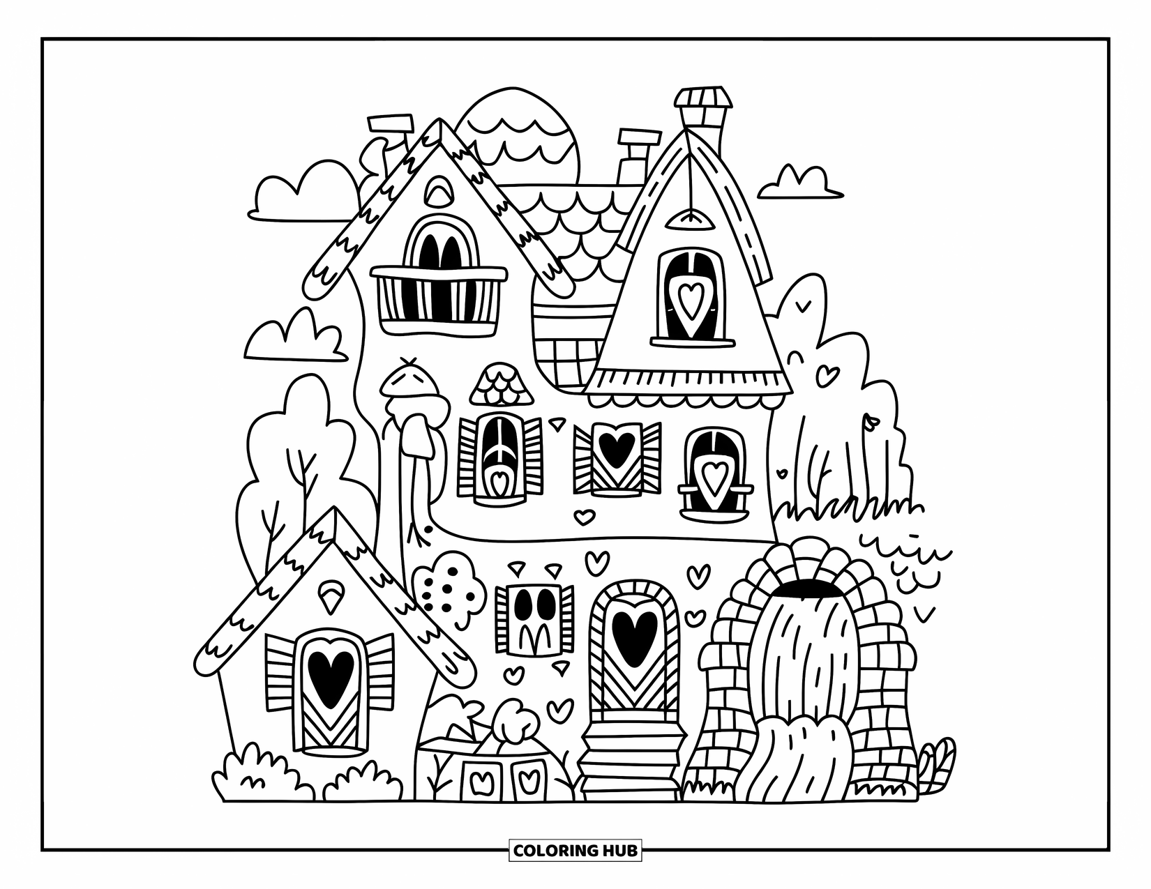 Mansion Coloring Page for Adults: Village-style kawaii mansion with cozy extensions and heart-shaped balcony