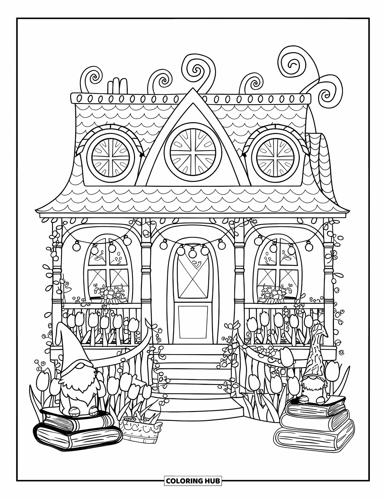 Mansion Coloring Page for Adults: Whimsical mansion with balconies, tulips, and stacked storybooks