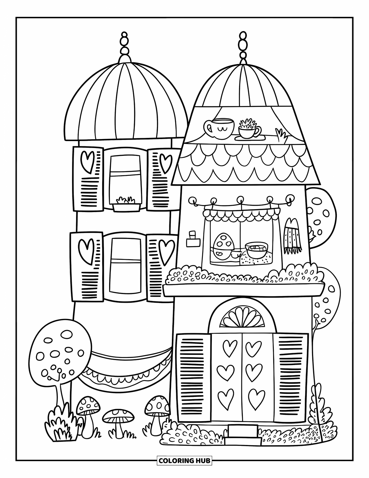Mansion Coloring Page for Adults: Whimsical mansion with dome towers, hammock, and heart-shaped shutters