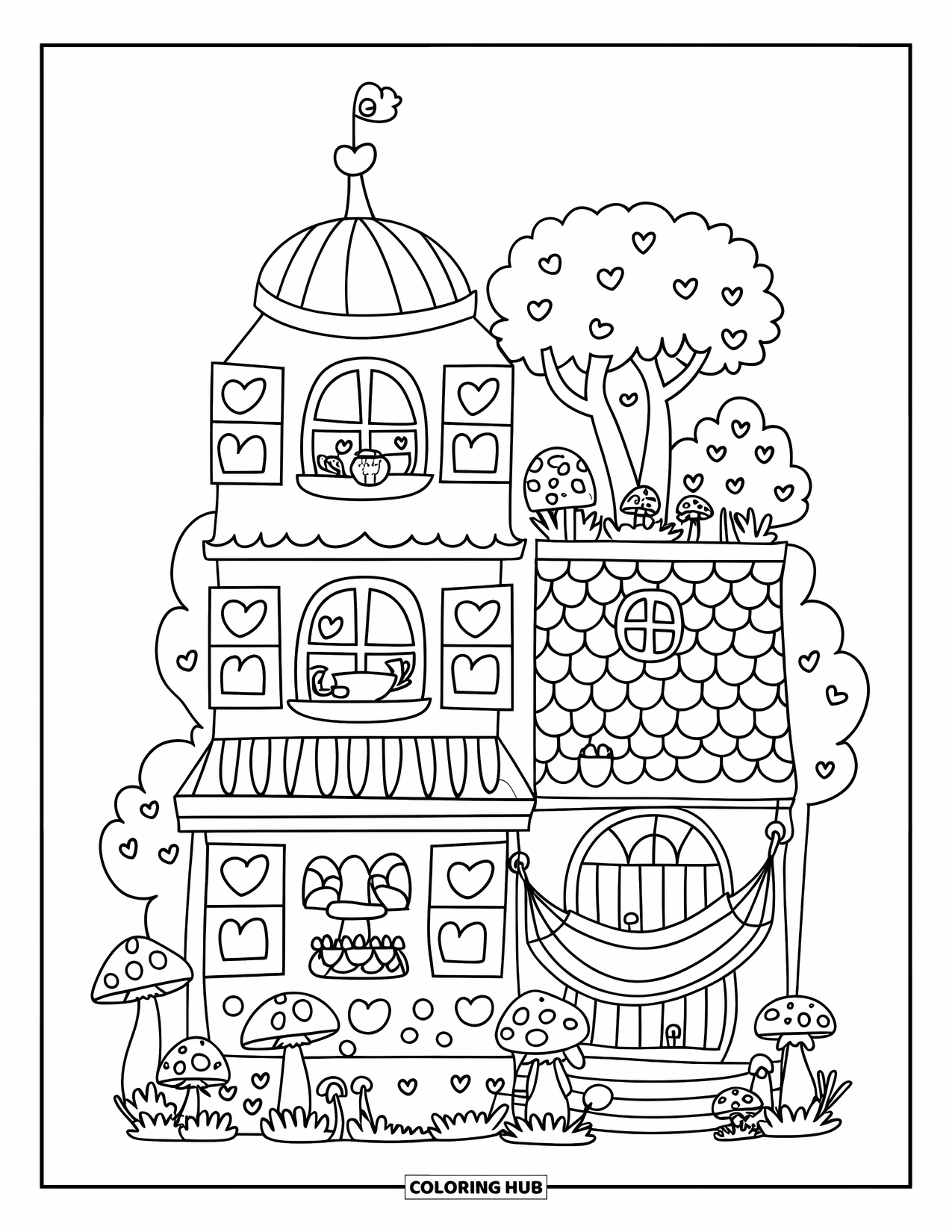 Mansion Coloring Page for Adults: Whimsical mansion with dome towers, rooftop tea nook, hammock, and mushroom garden