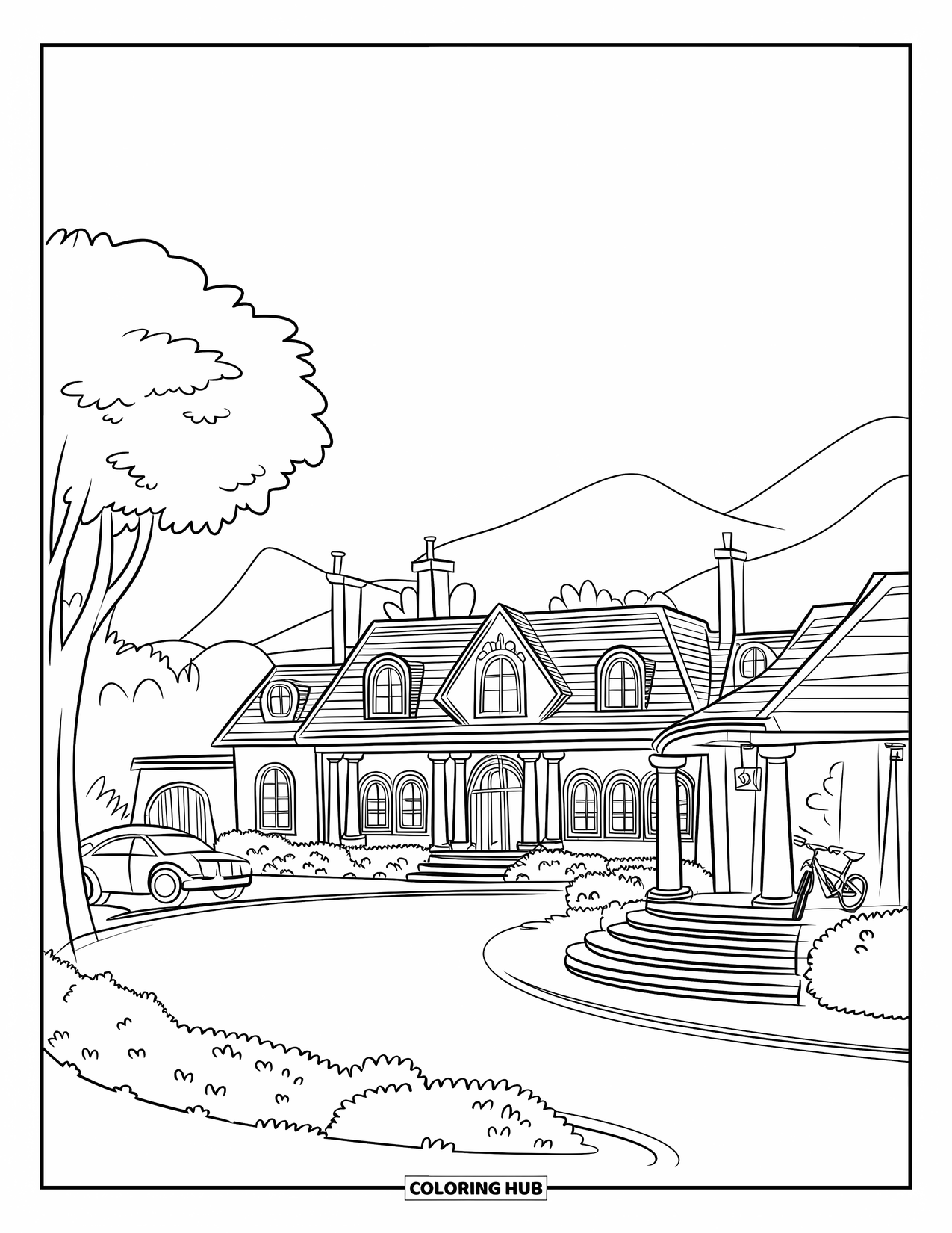 Mansion Coloring Page for Kids: Cartoon mansion with chimneys, arched windows, carport, and bicycle nearby