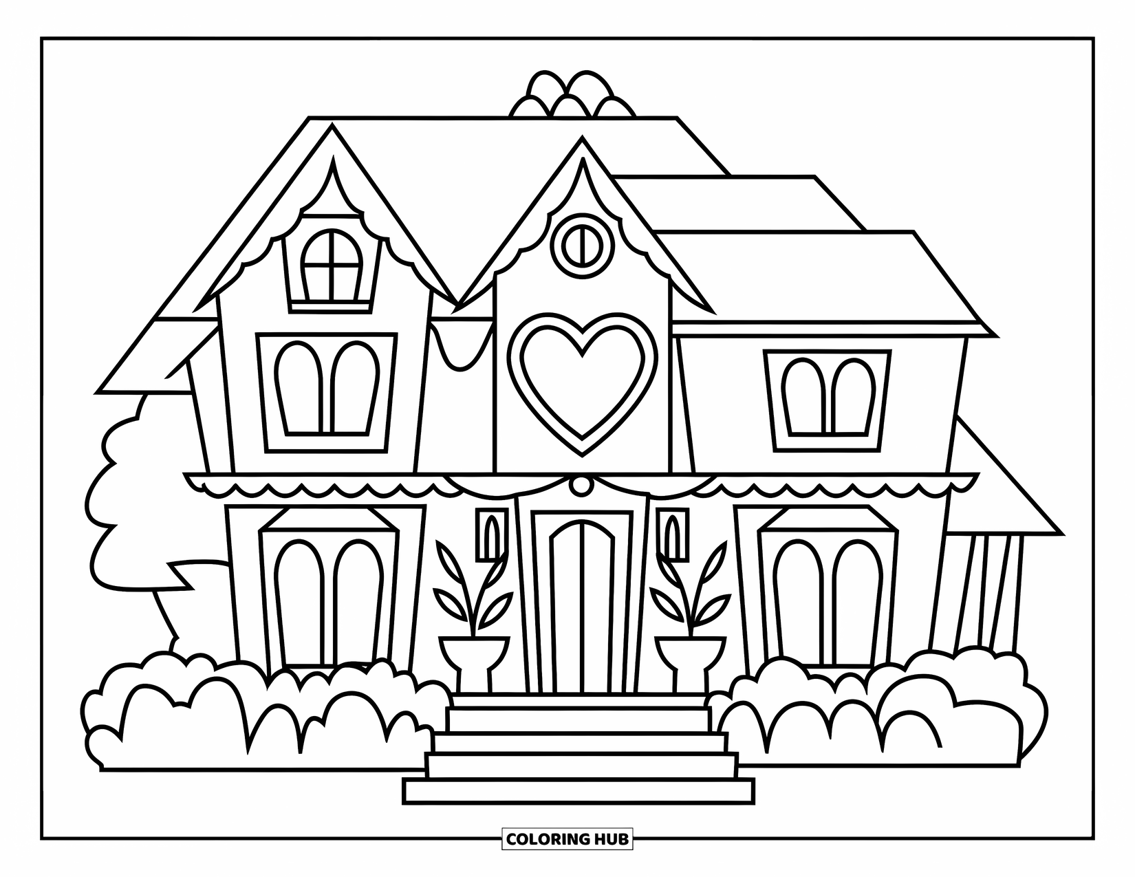 Mansion Coloring Page for Kids: Cartoon mansion with heart-shaped window, potted plants, and pitched roof
