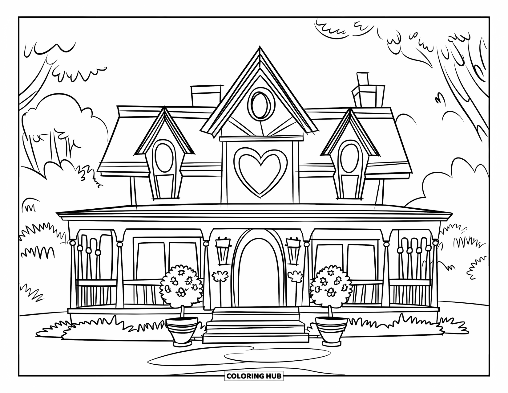Mansion Coloring Page for Kids: Charming mansion with gables, chimneys, wraparound porch, potted plants, and trees