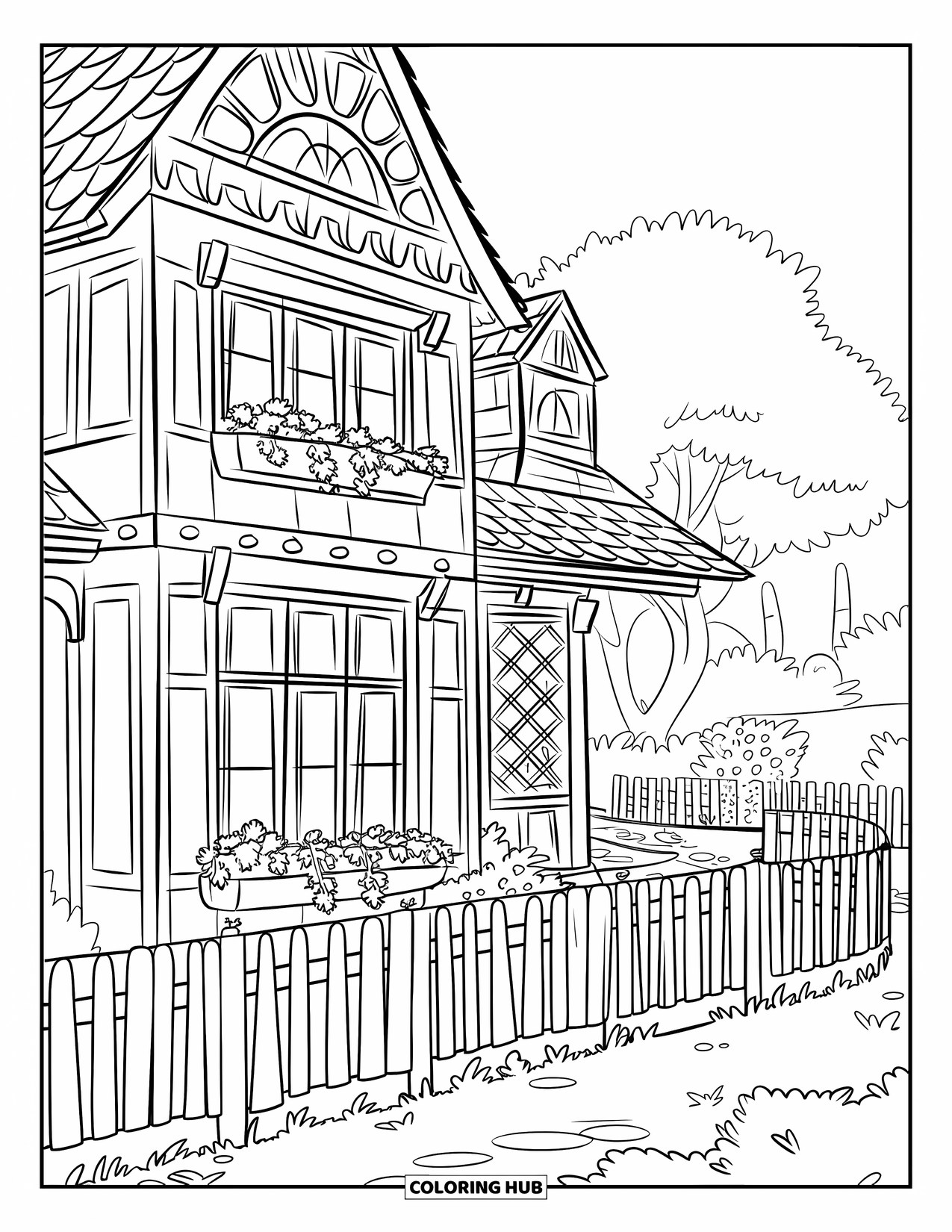 Mansion Coloring Page for Kids: Charming mansion with plant boxes, wooden fence, and pathway
