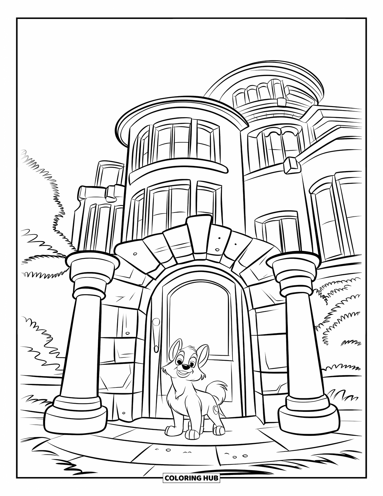 Mansion Coloring Page for Kids: Charming mansion with stone arch, fluffy-tailed dog, and lush greenery