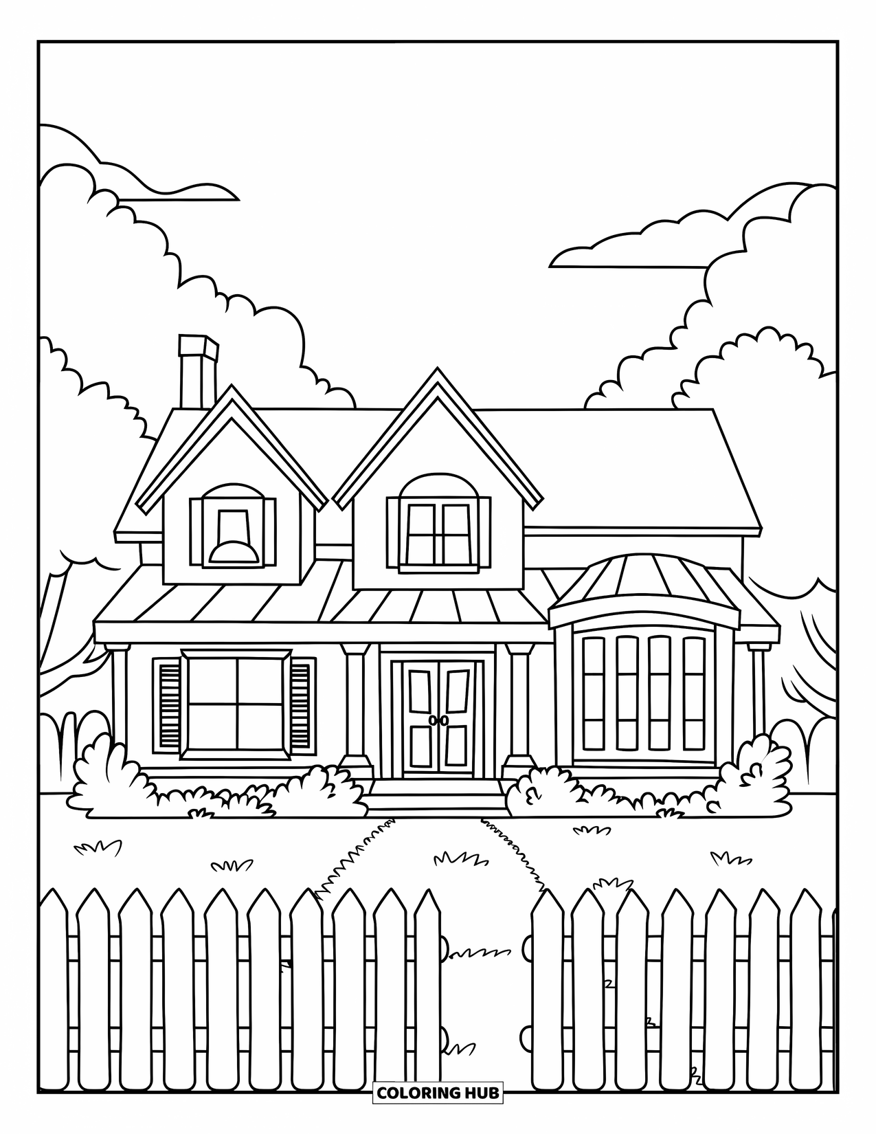 Mansion Coloring Page for Kids: Cute mansion with large door, two windows, garden lawn, and a picket fence