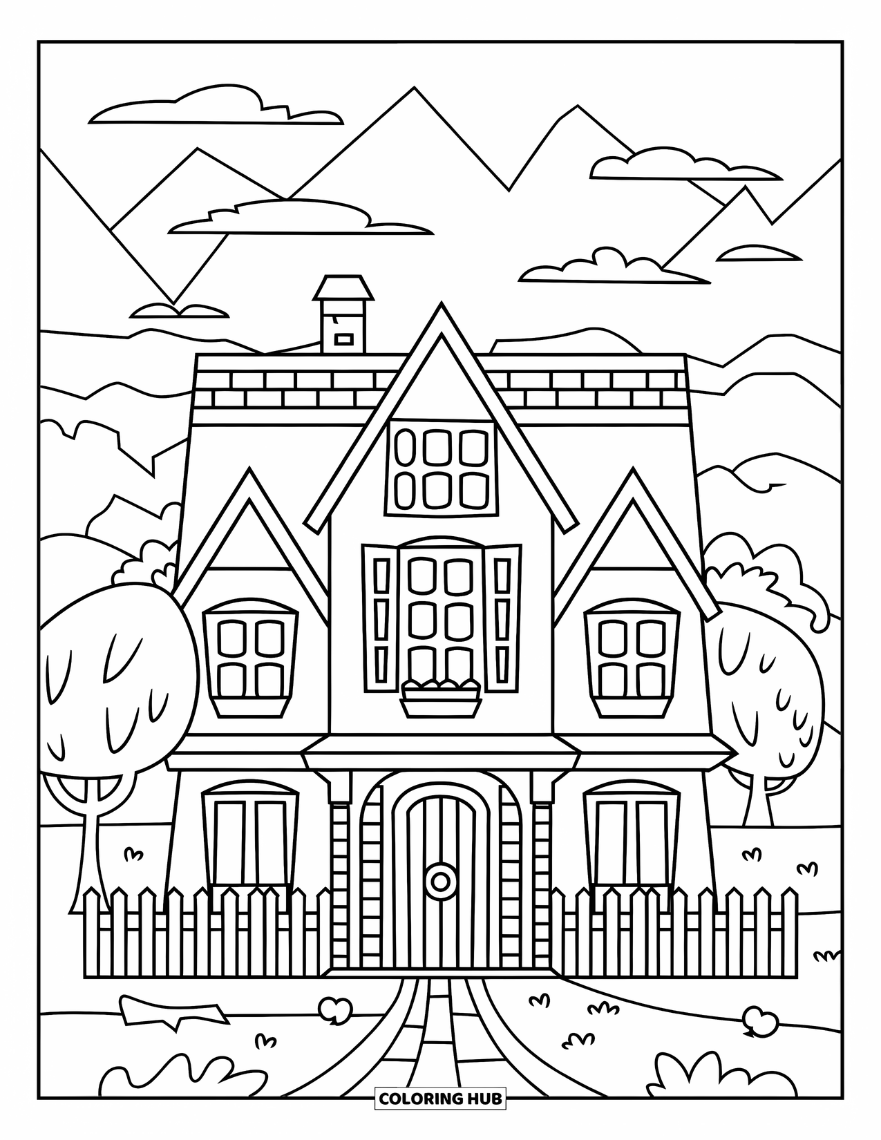 Mansion Coloring Page for Kids: Cute mansion with pointed roof, picket fence, front trees, and distant mountains