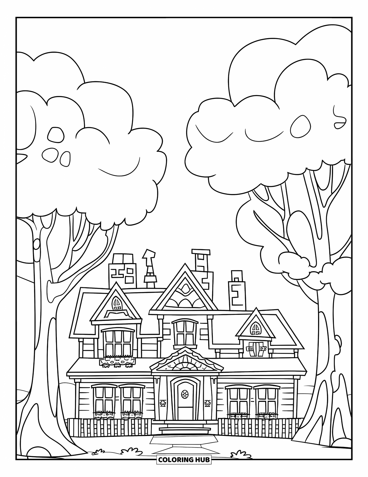 Mansion Coloring Page for Kids: Friendly mansion with chimneys, red door, puffy trees, and a surrounding fence