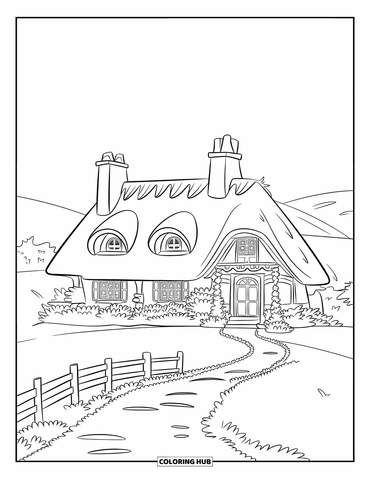Mansion Coloring Page for Kids: Large house with chimneys, greenery, and a small fence near rolling hills