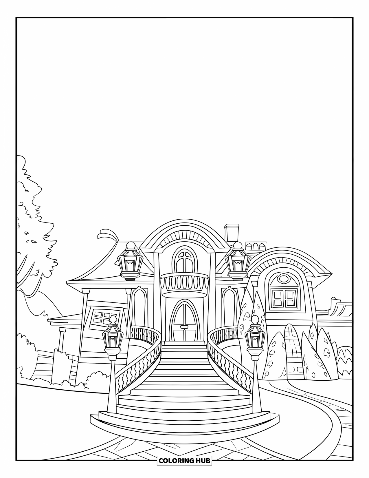Mansion Coloring Page for Kids: Mansion with curved staircase, arched entry, lanterns, trees, and pathway