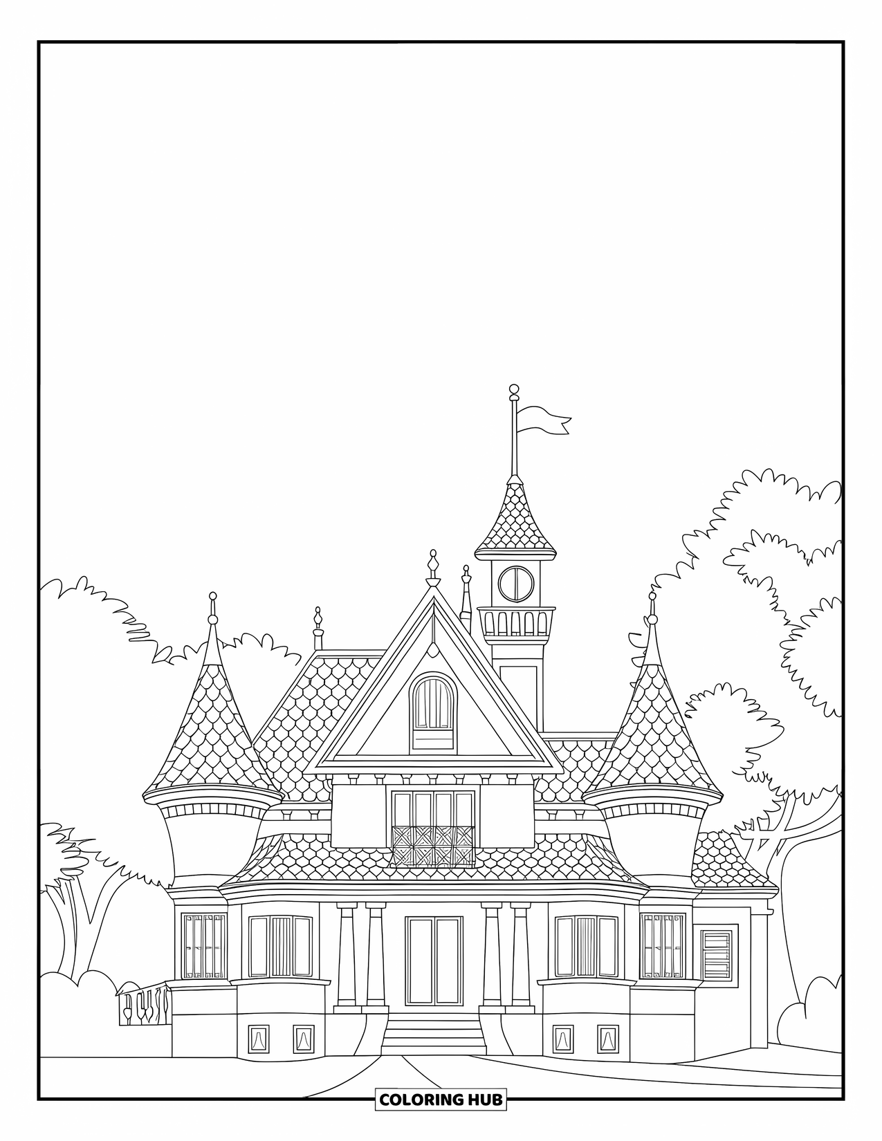 Mansion Coloring Page for Kids: Mansion with round towers, pitched roof, surrounded by trees, and a flag on top