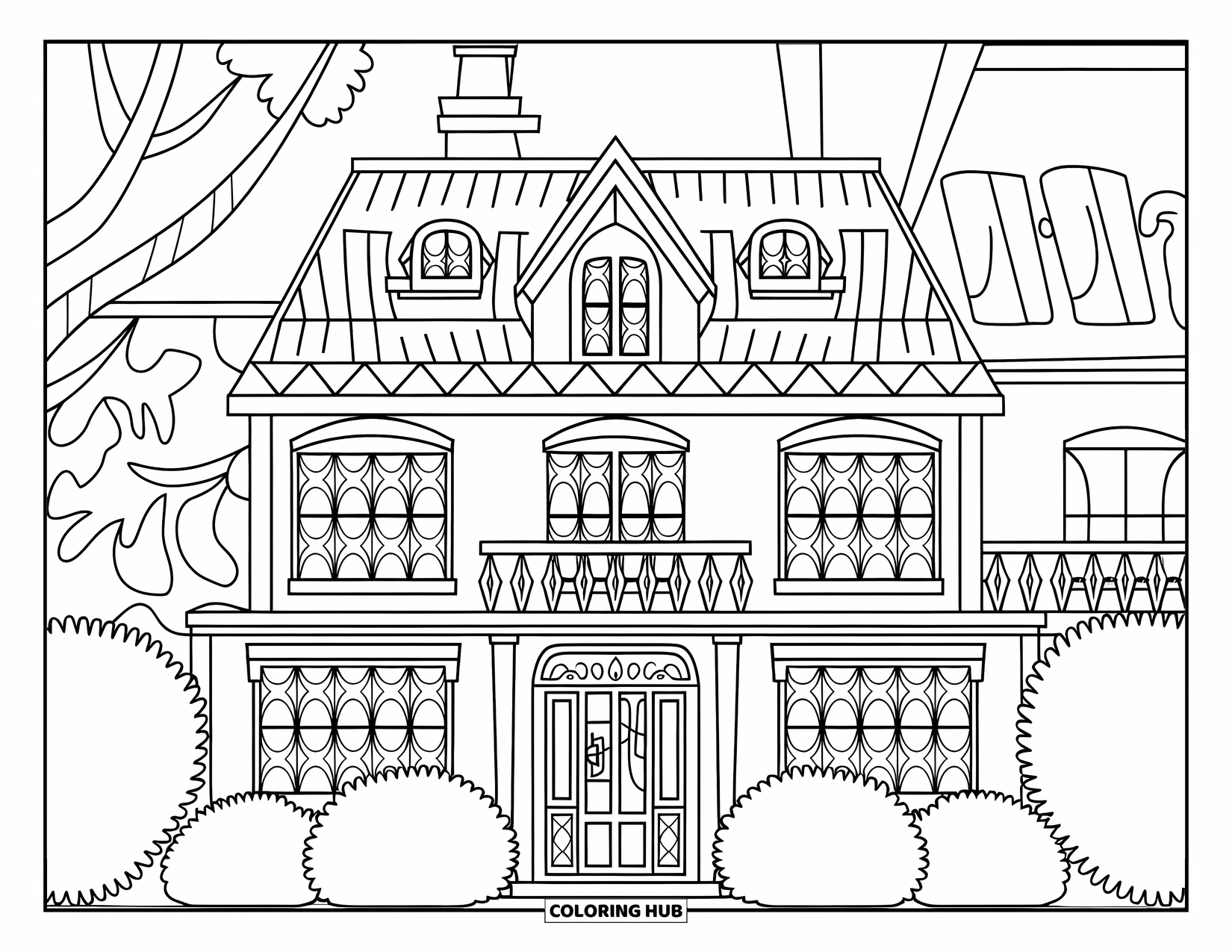 Mansion Coloring Page for Kids: Mansion with steep roof, patterned windows, and front garden bushes