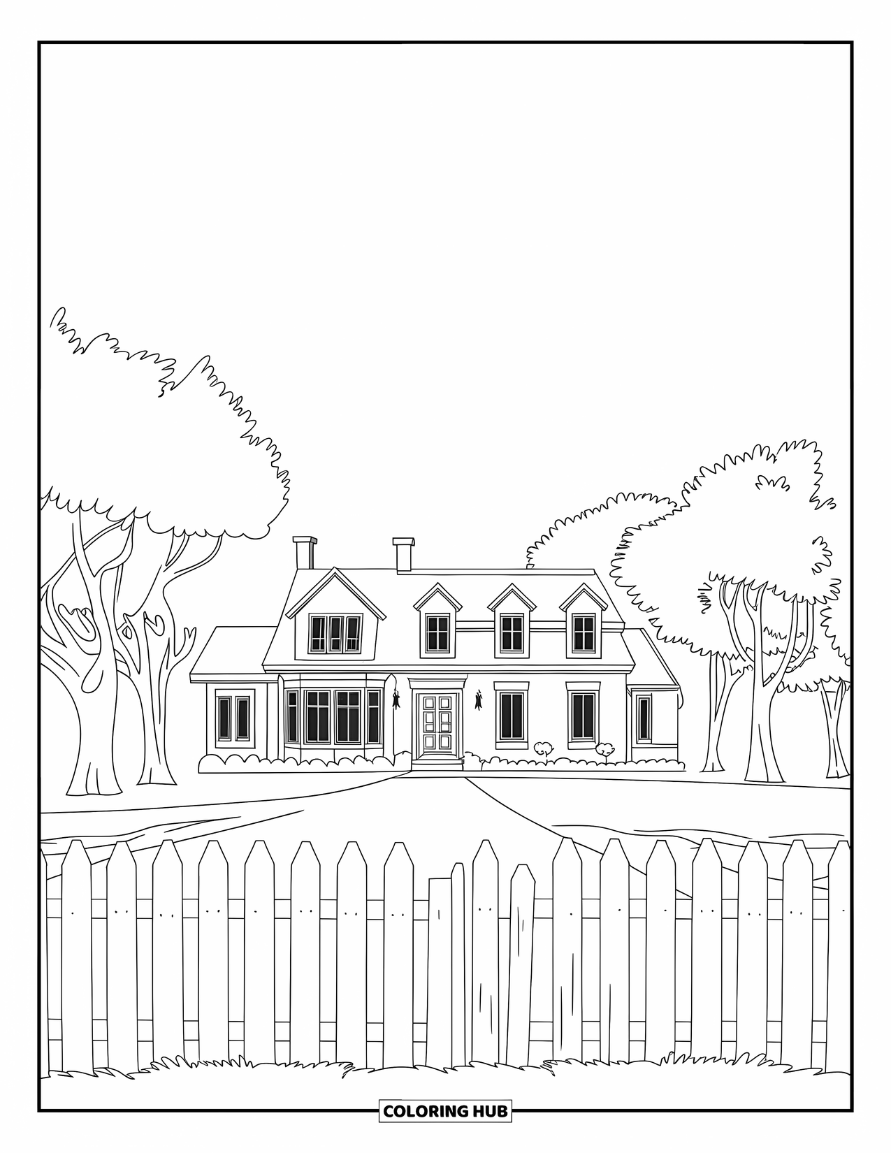 Mansion Coloring Page for Kids: Peaceful mansion with short trees and a picket fence