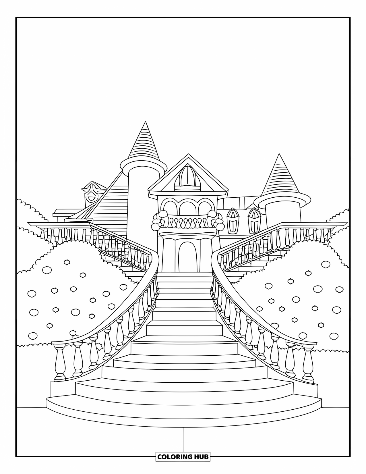 Mansion Coloring Page for Kids: Playful mansion with towers, ornate stairs, and cheerful garden bushes