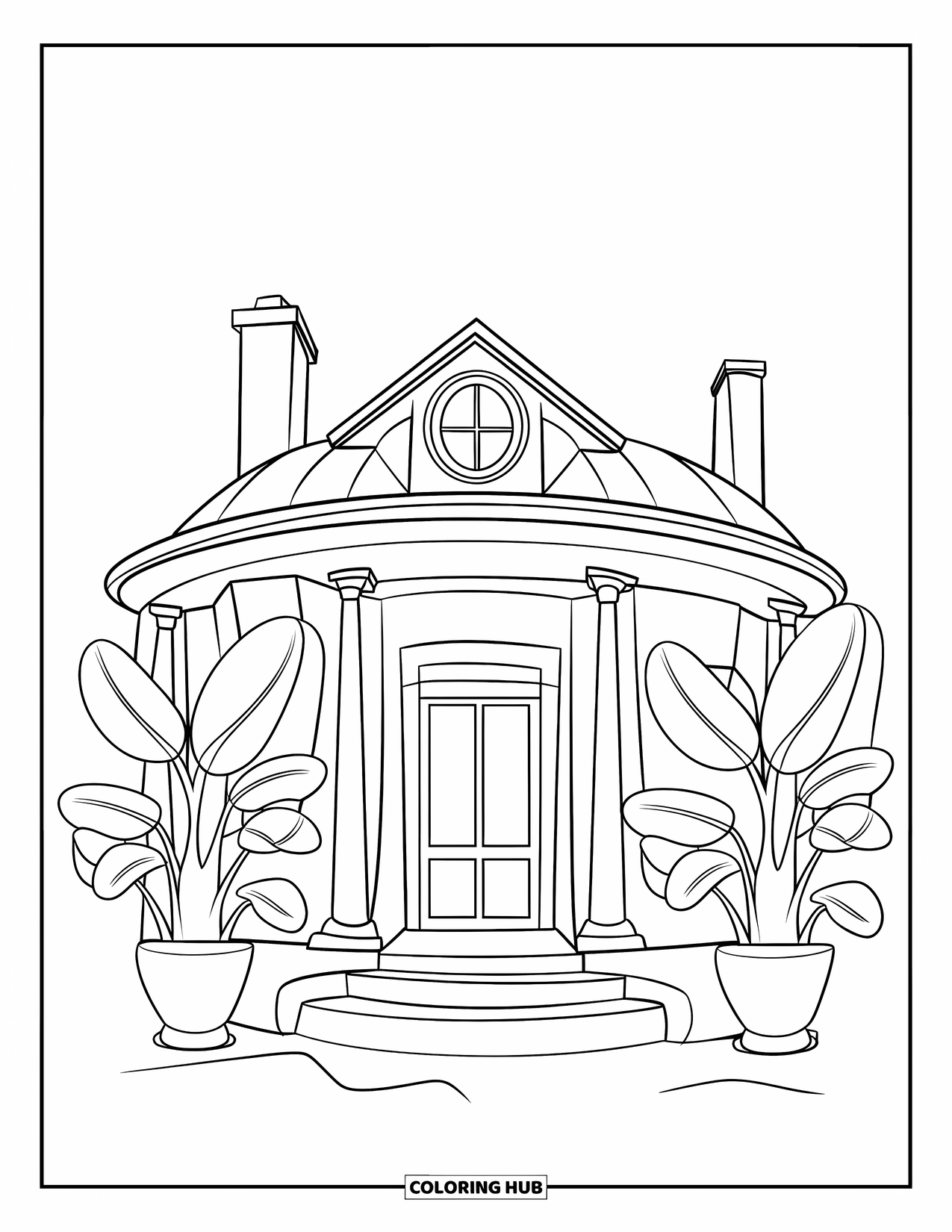 Mansion Coloring Page for Kids: Rounded mansion with chimney, porch steps, and leafy plants at the entrance