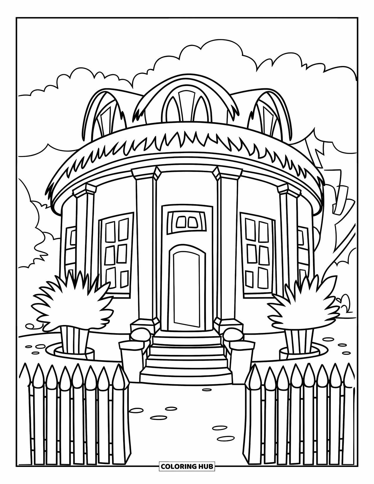 Mansion Coloring Page for Kids: Rounded mansion with pillars, tall plants, and a charming fence around it