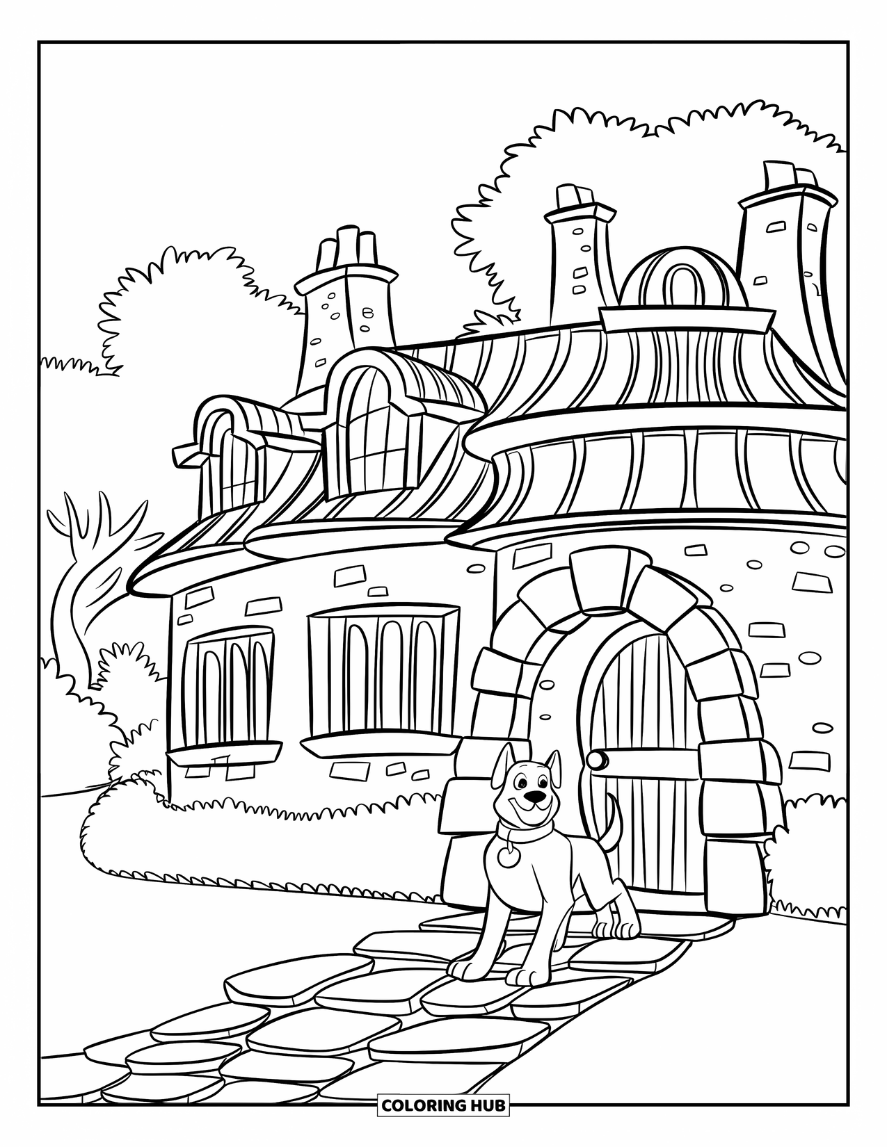 Mansion Coloring Page for Kids: Rounded mansion with stone arch, chimneys, and dog at the door