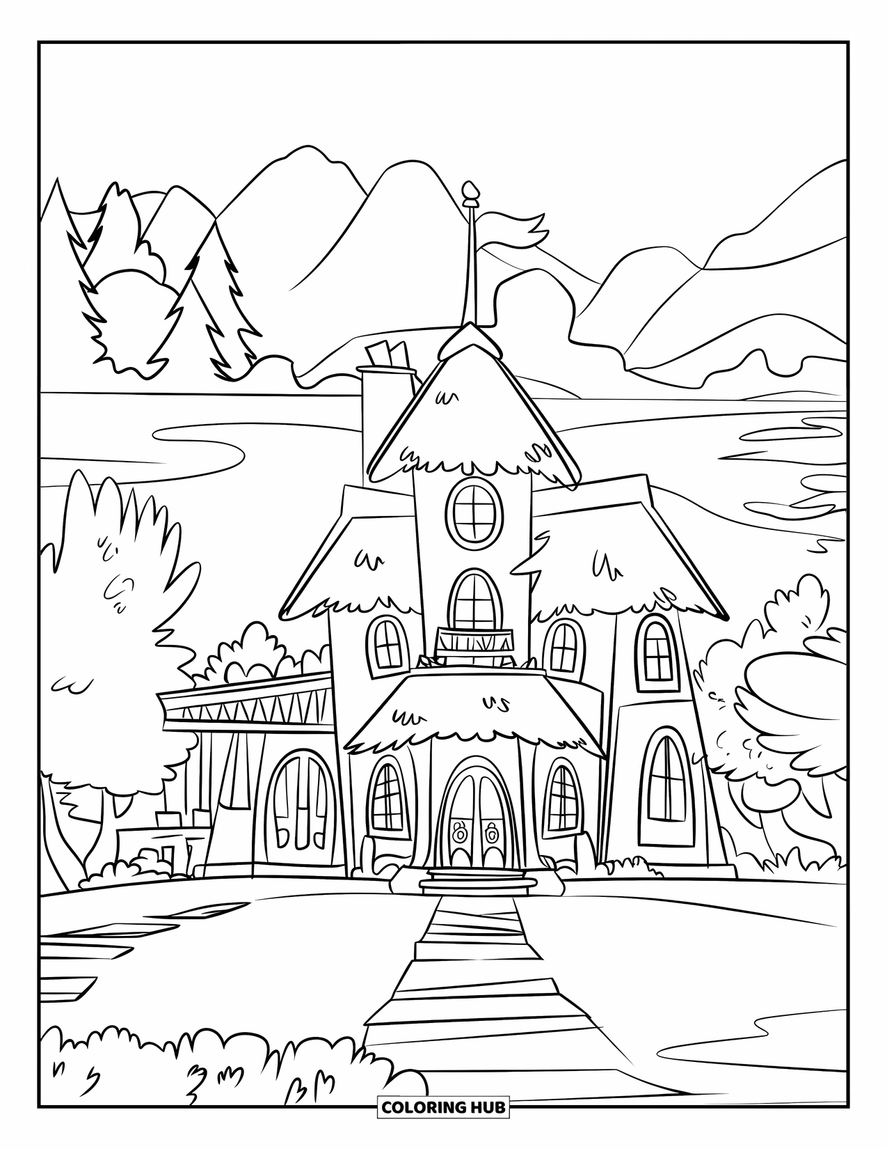 Mansion Coloring Page for Kids: Simple mansion with round towers, thatched roof, paths, and mountain lake scenery