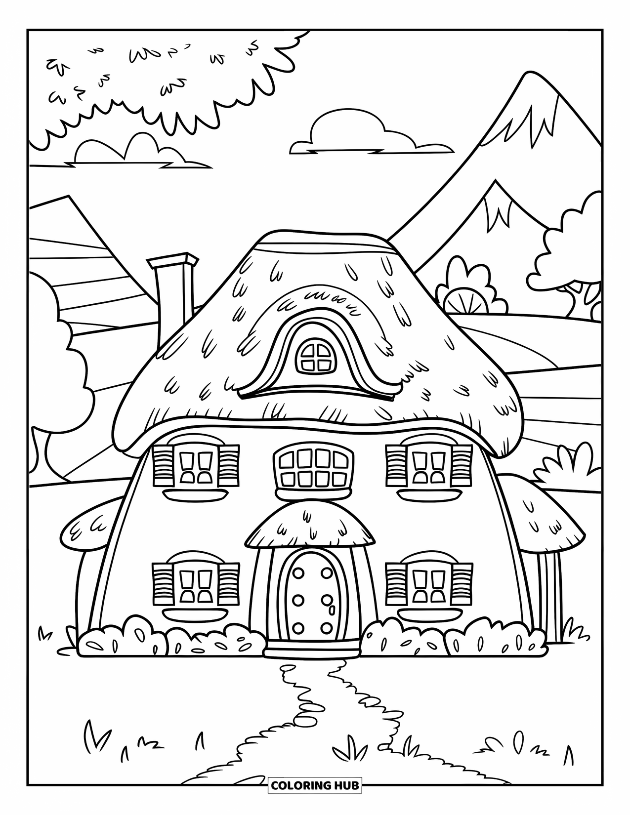 Mansion Coloring Page for Kids: Two-story mansion with thatched roof, greenery, path, mountains, and clear sky