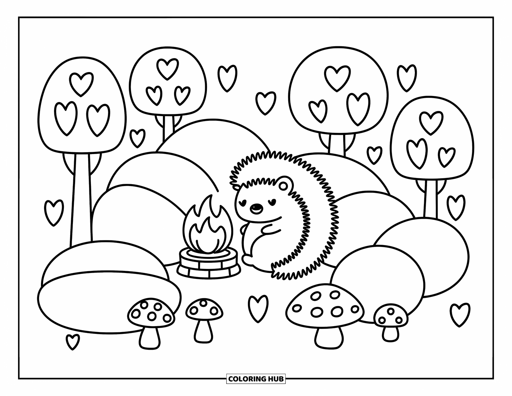 March Coloring Page for Adults: A cozy hedgehog curls up by a tiny fireplace with pillows and mushrooms nearby