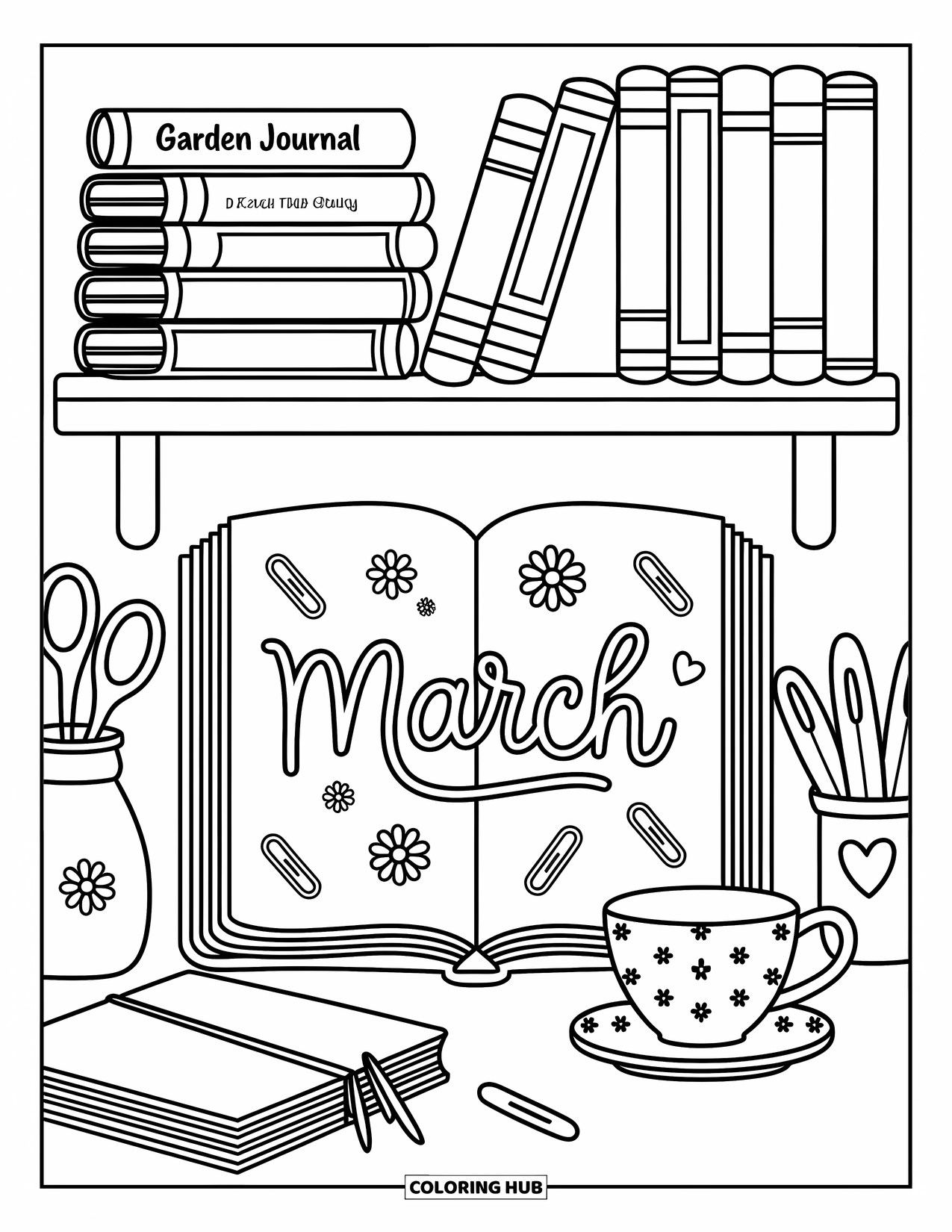 March Coloring Page for Adults: Bookshelf holds a ìGarden Journal,î tea cup, and March note with floral doodles