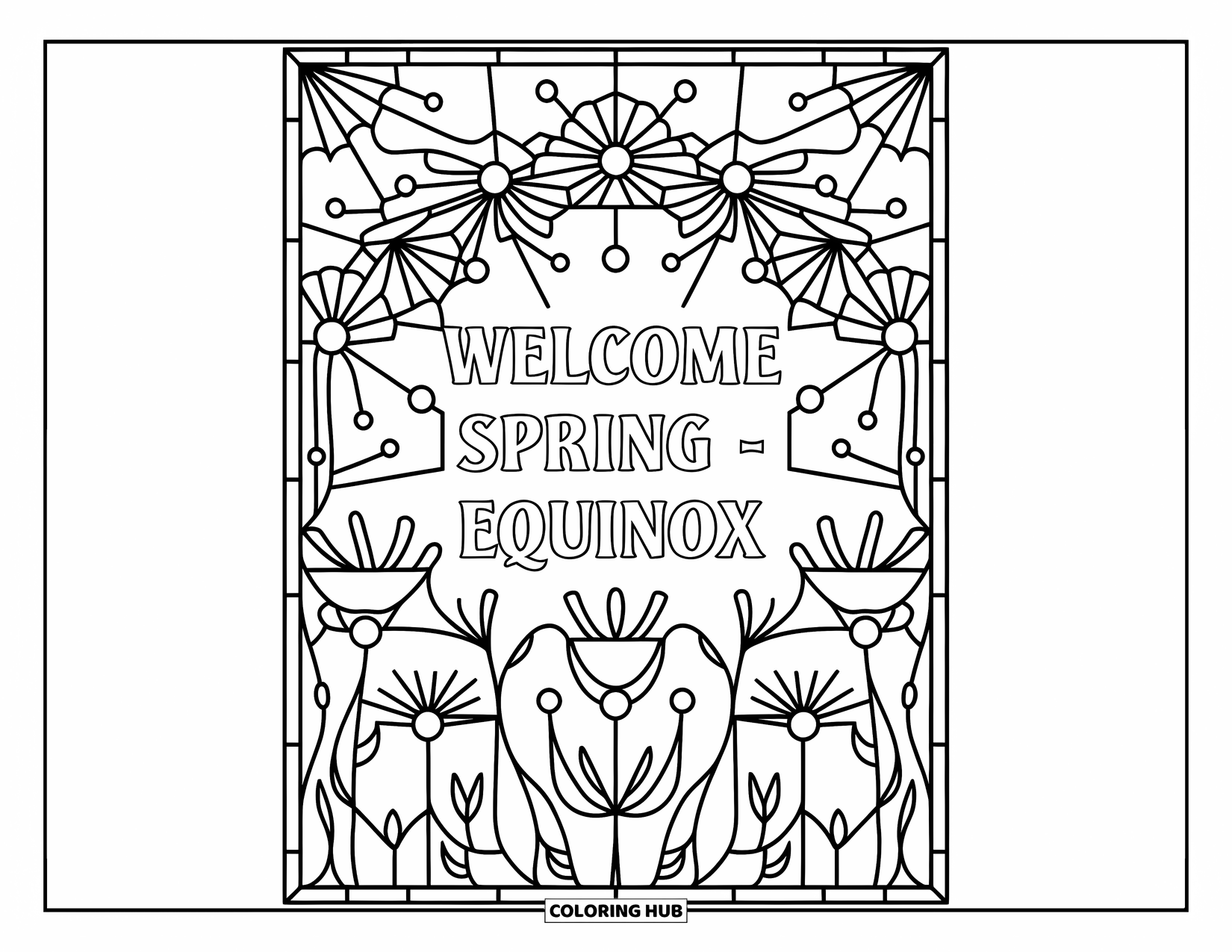 March Coloring Page for Adults: Calligraphy text reads "Welcome Spring - March Equinox" inside a floral stained glass layout