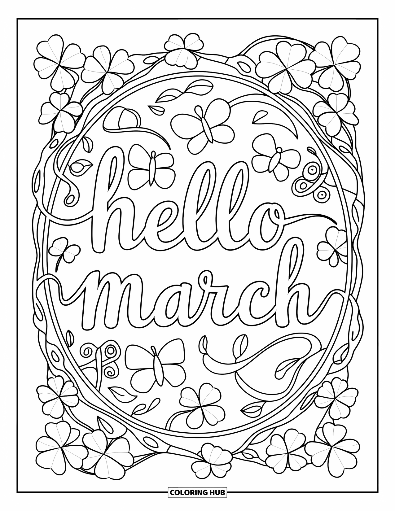 March Coloring Page for Adults: Cursive "Hello March" encircled by stained glass butterflies and swirling vines