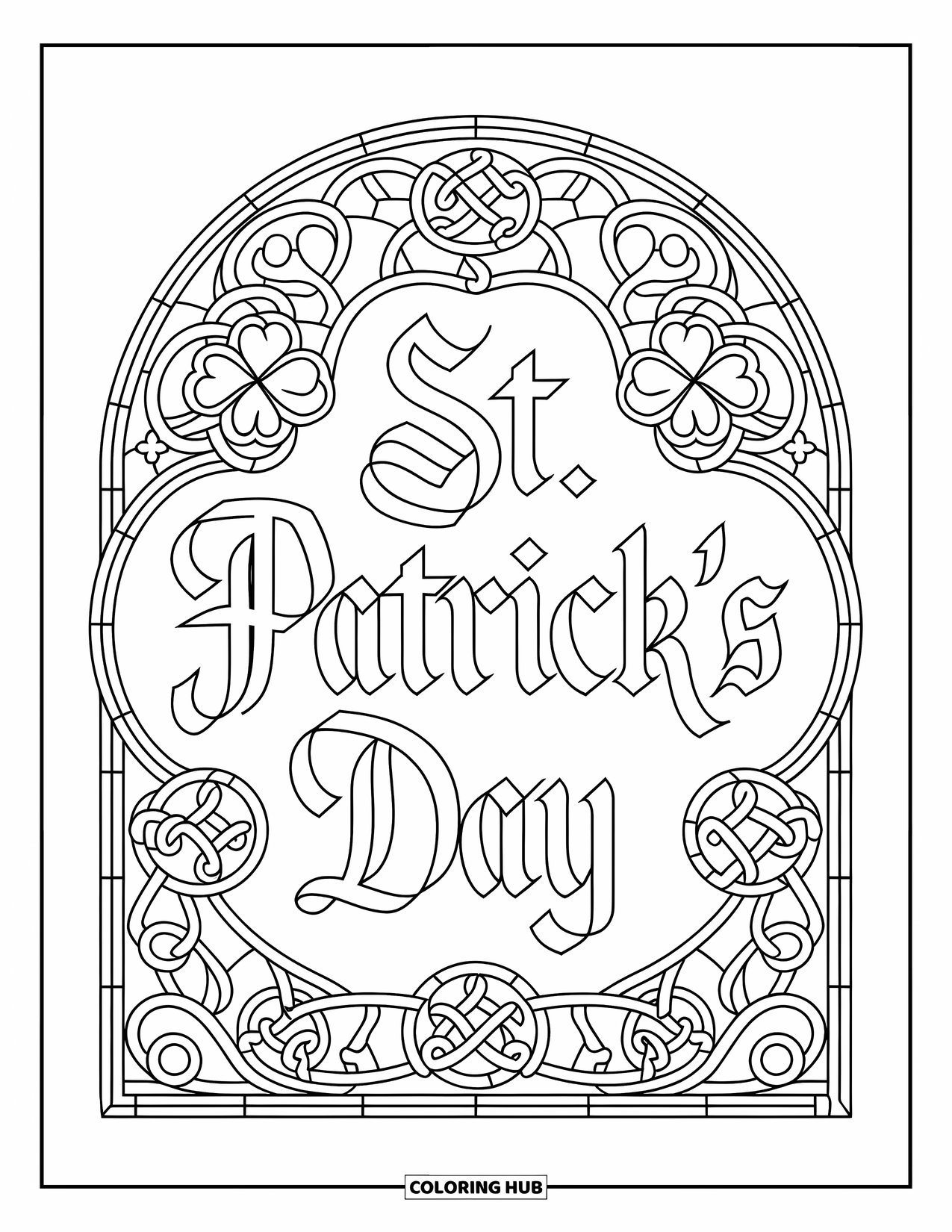 March Coloring Page for Adults: Elegant "St. Patrick's Day" lettering surrounded by shamrocks, coins, and Celtic designs