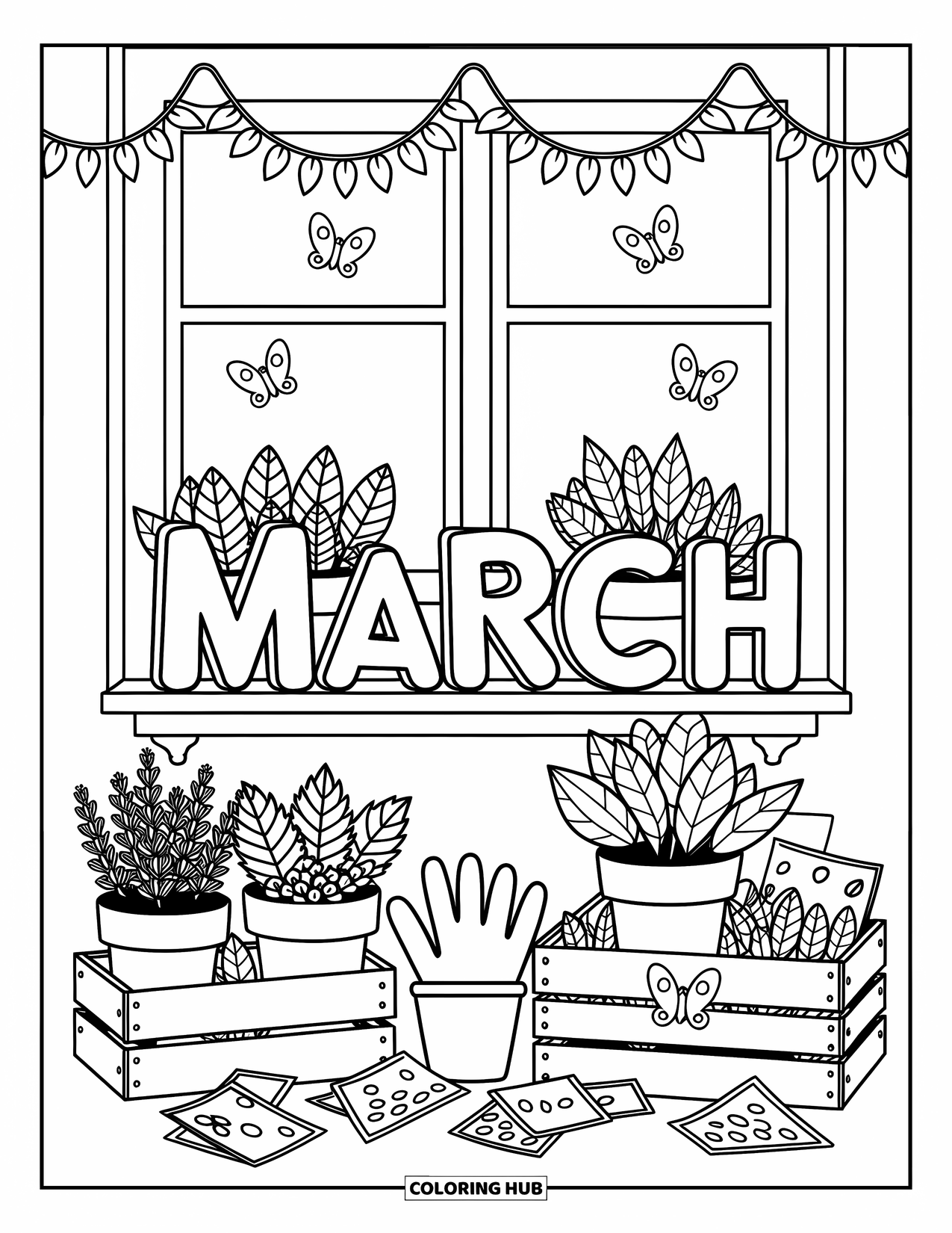 March Coloring Page for Adults: Herb pots and seed packets frame a March sign on a cozy windowsill