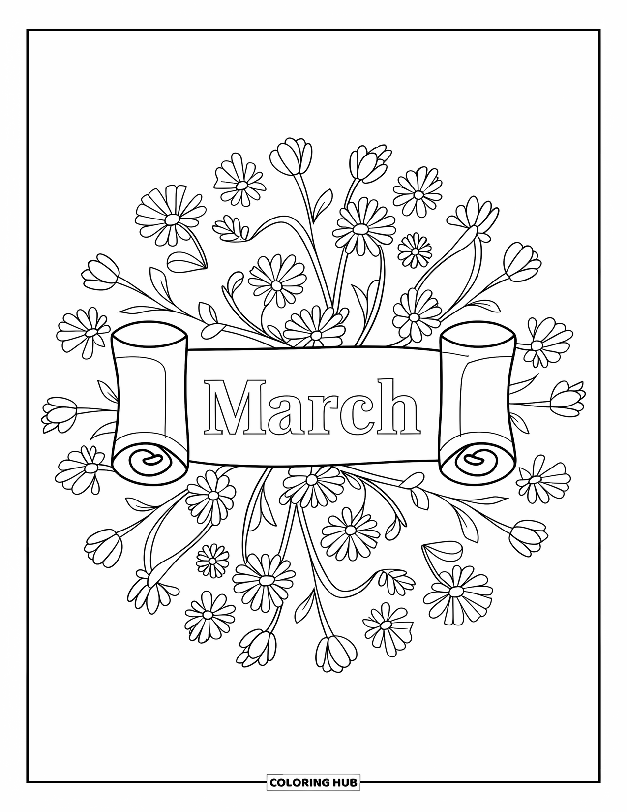 March Coloring Page for Adults: "March" appears on a scroll banner surrounded by spring flowers and swirling branches